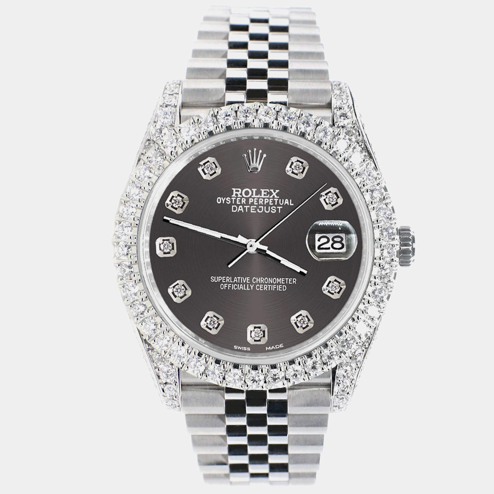 Rolex Custom Rhodium Grey 5.9CT Diamond Stainless Steel Datejust 126300 Automatic Men's Wristwatch 41 mm