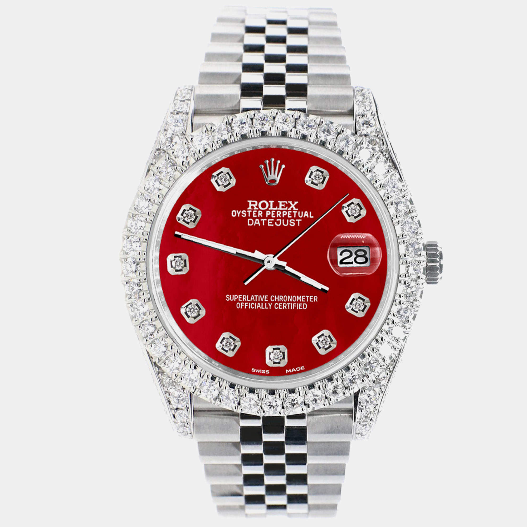 Rolex Custom Red MOP 5.9CT Diamond Stainless Steel Datejust 126300 Automatic Men's Wristwatch 41 mm