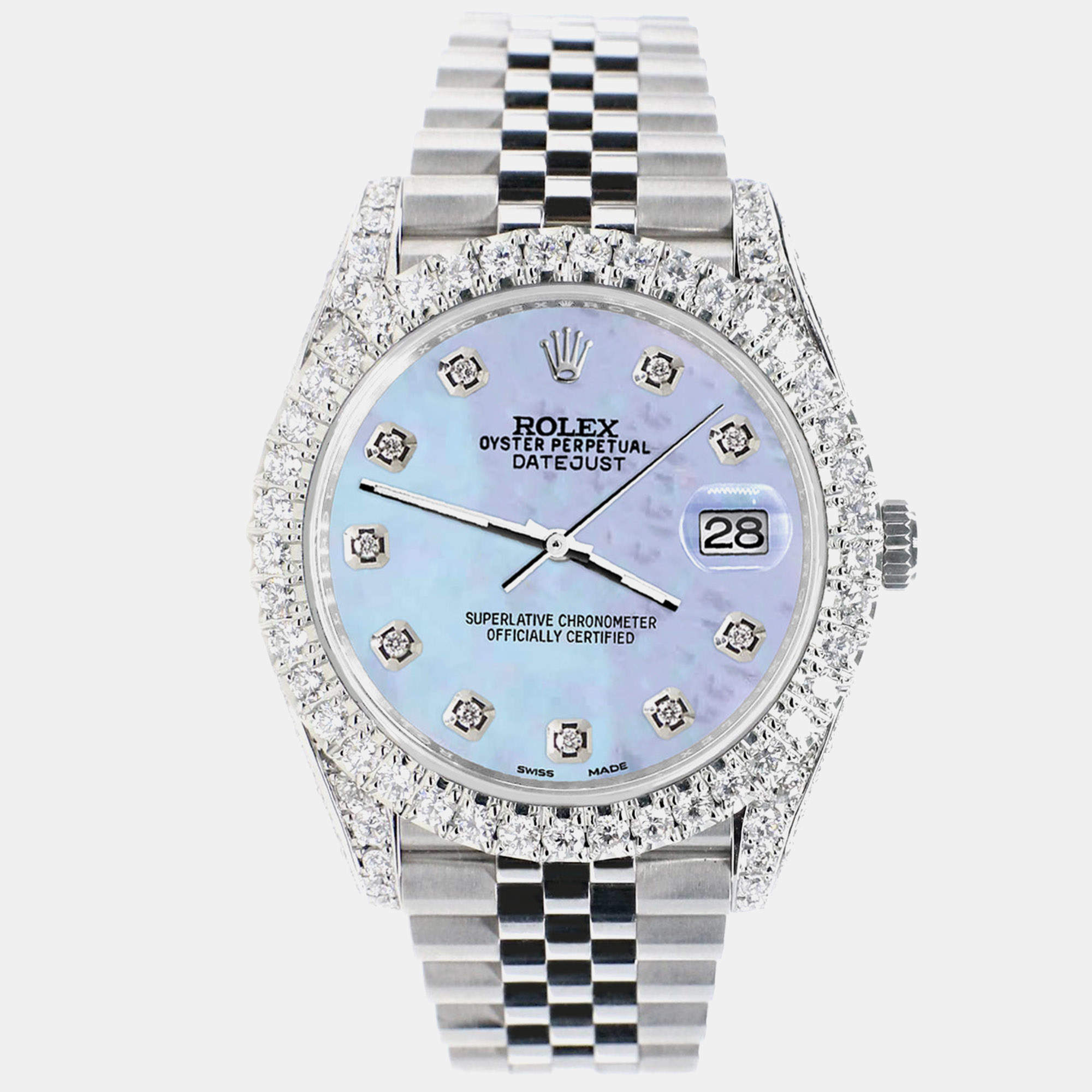 Rolex Custom Purple MOP 5.9CT Diamond Stainless Steel Datejust 126300 Automatic Men's Wristwatch 41 mm
