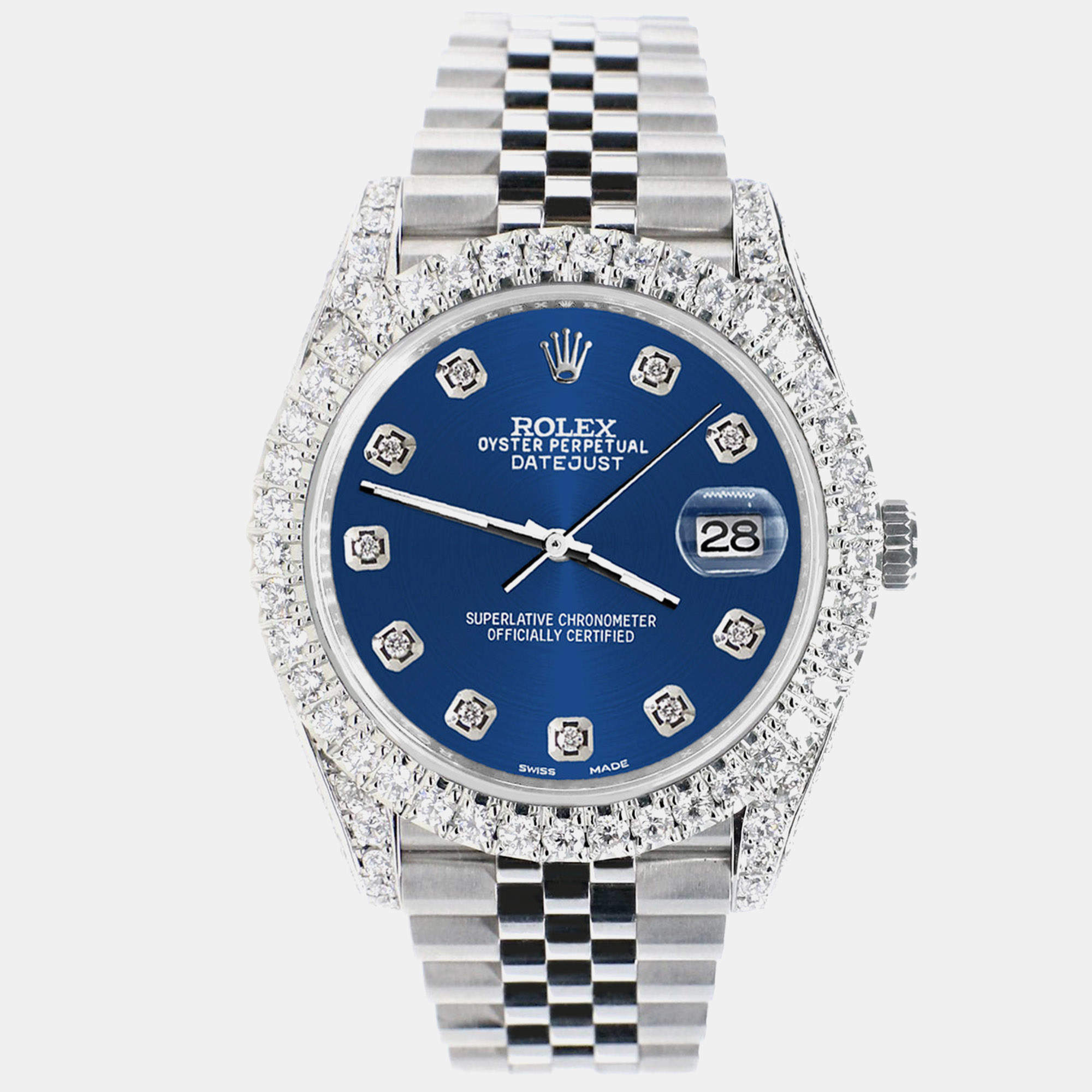 Rolex Custom Cobalt Blue 5.9CT Diamond Stainless Steel Datejust 126300 Automatic Men's Wristwatch 41 mm