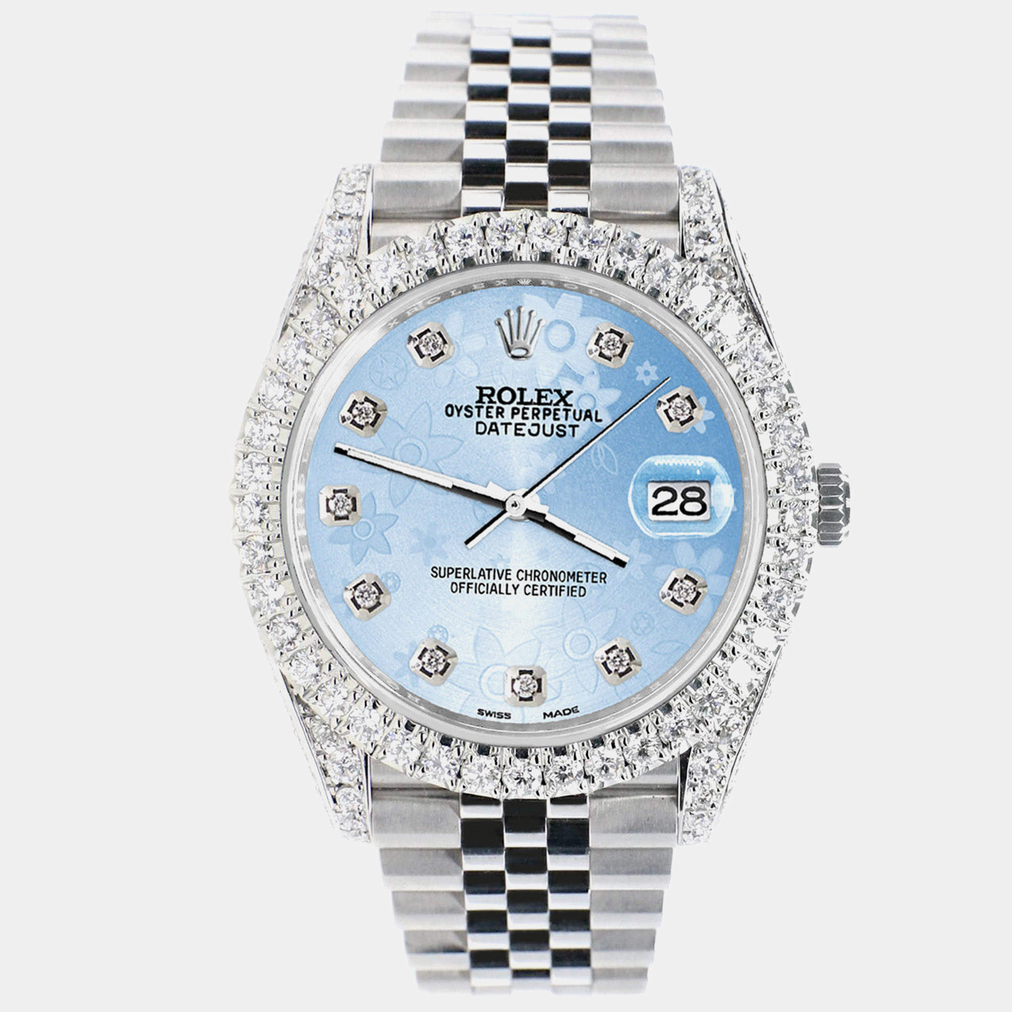 Rolex Custom Blue 5.9CT Diamond Stainless Steel Datejust 126300 Automatic Men's Wristwatch 41 mm