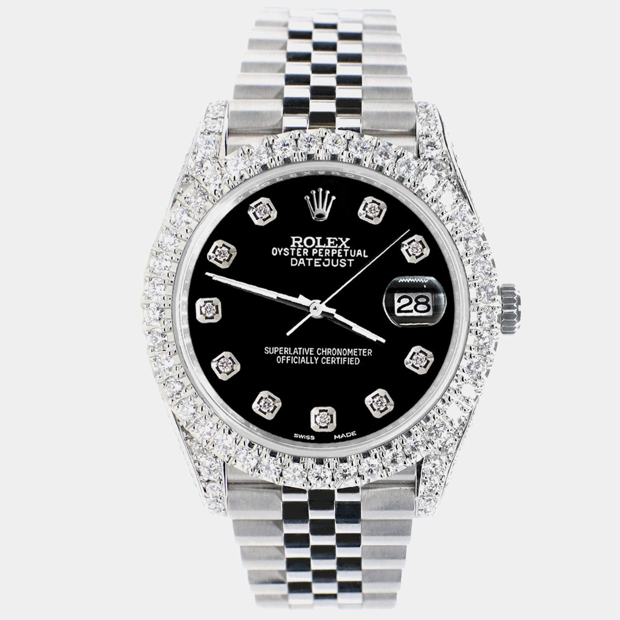 Rolex Custom Black 5.9CT Diamond Stainless Steel Datejust 126300 Automatic Men's Wristwatch 41 mm