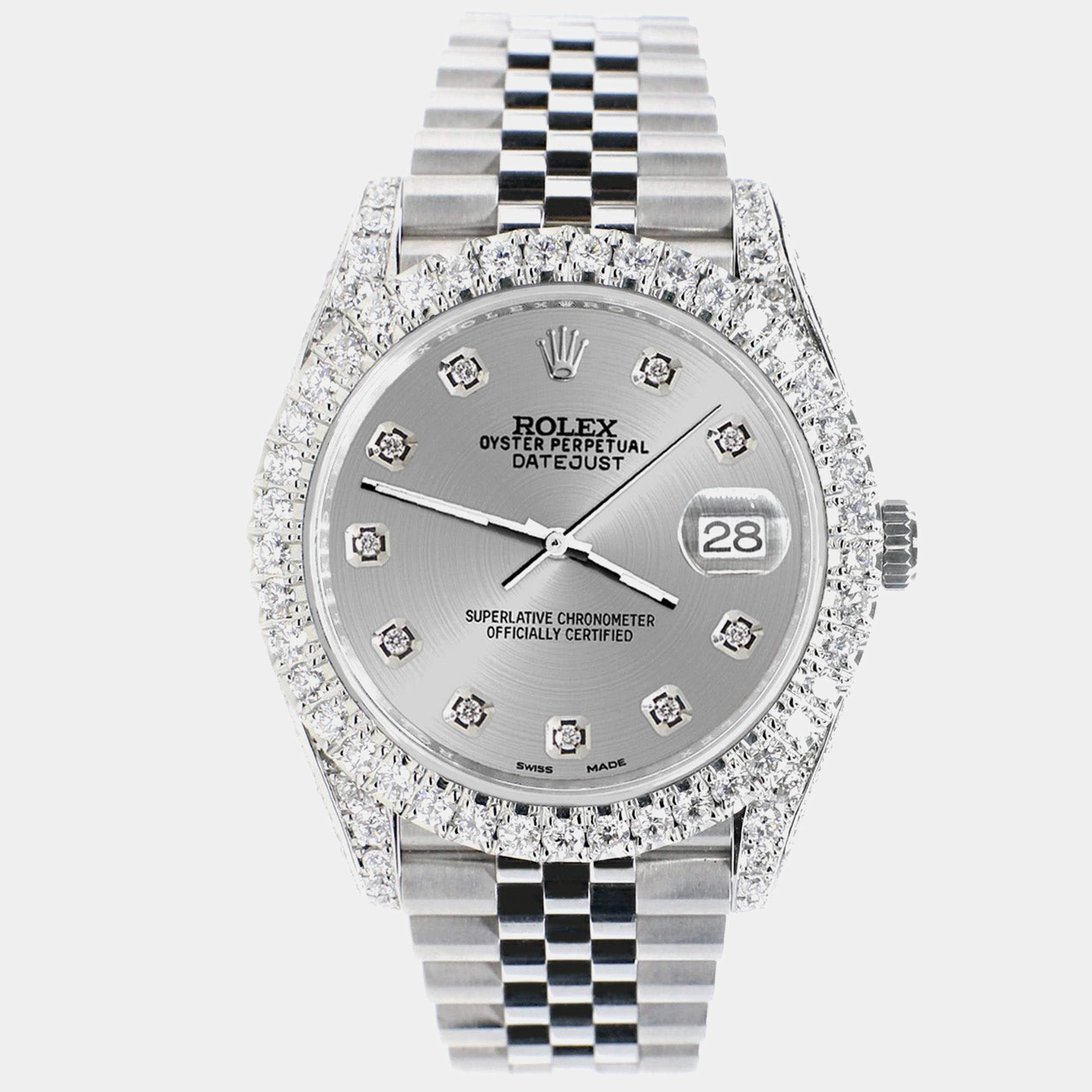 Rolex Custom Silver 5.9CT Diamond Stainless Steel Datejust 126300 Automatic Men's Wristwatch 41 mm