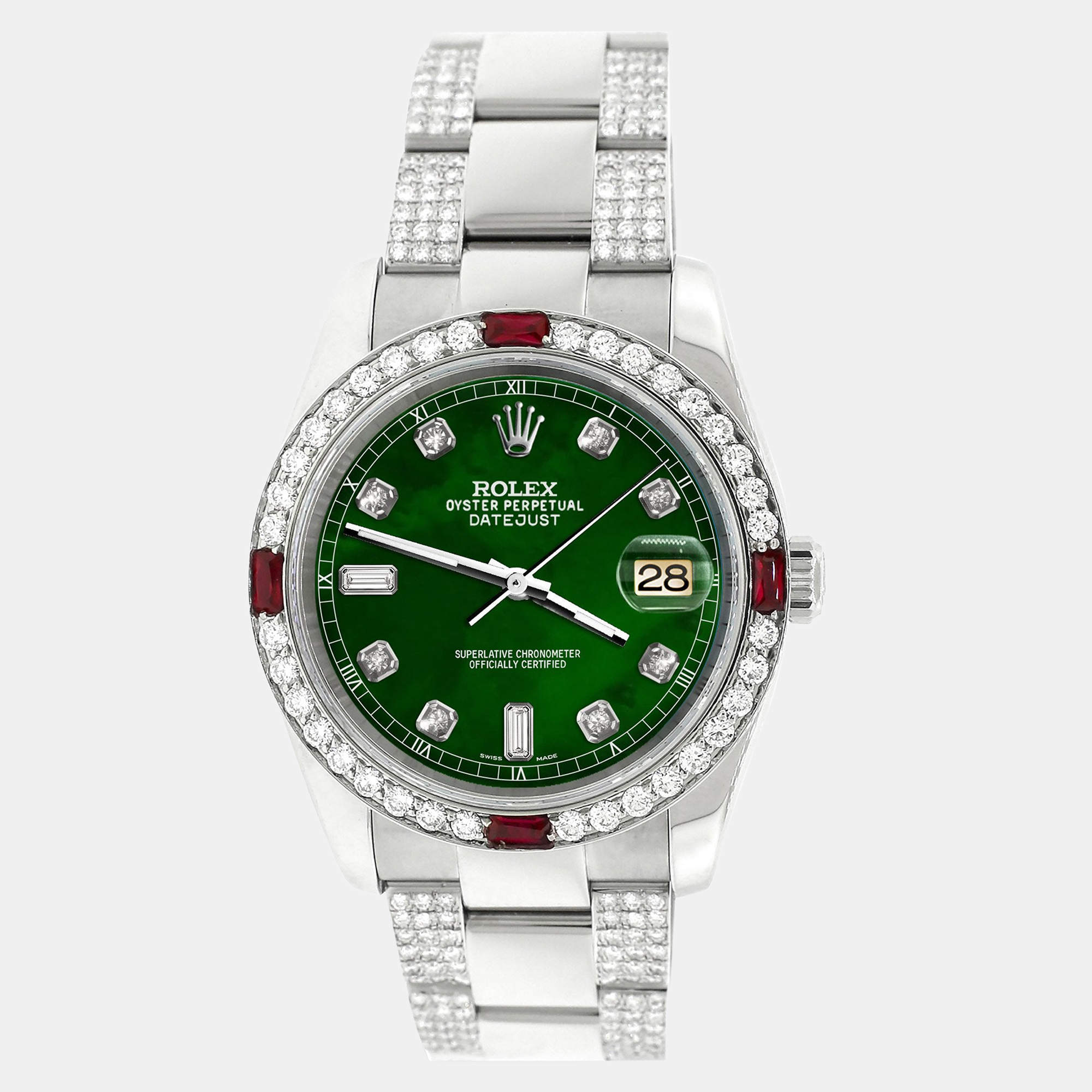 Rolex Custom Forest Green 4.5CT Diamond Stainless Steel Datejust 116200 Automatic Men's Wristwatch 36 mm