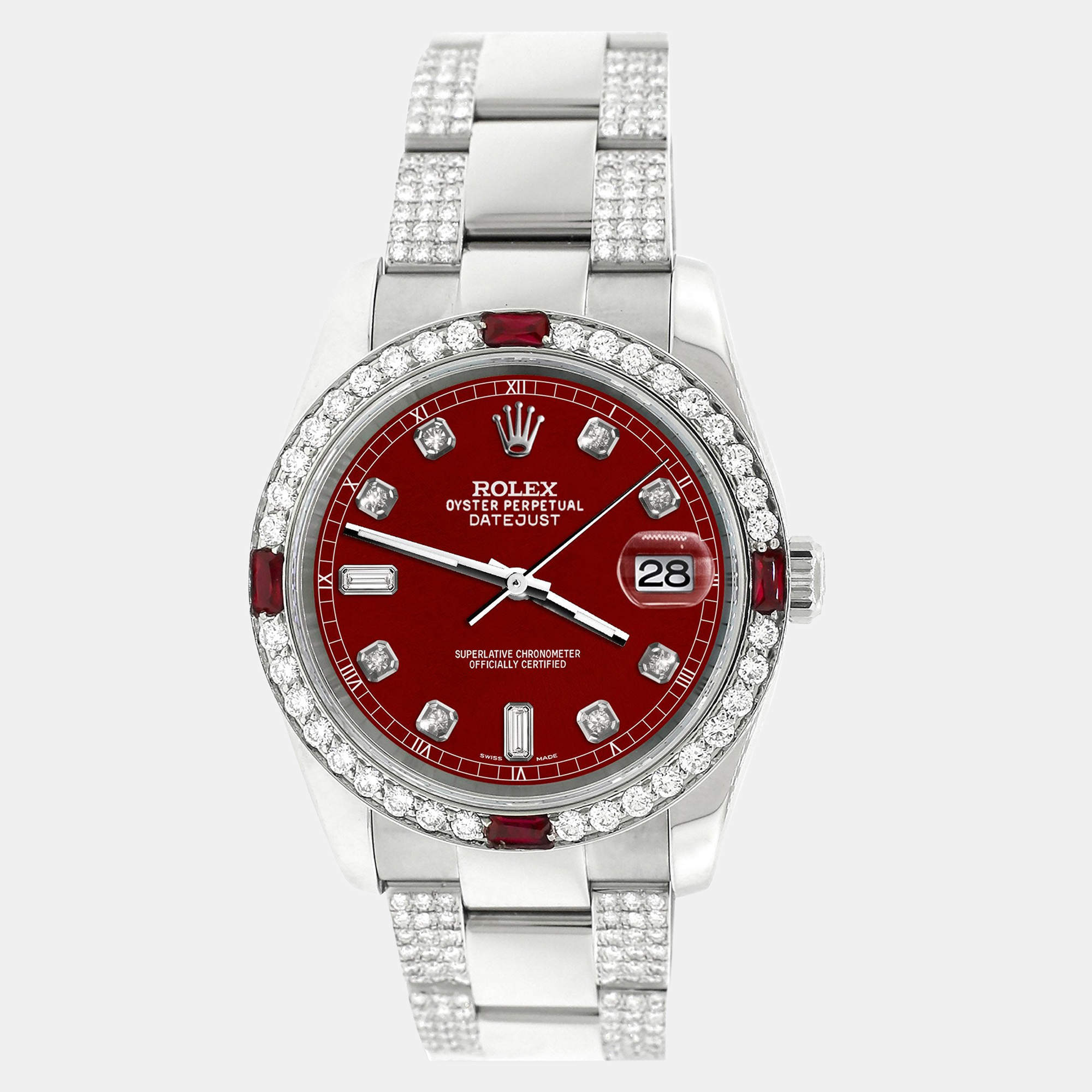 Rolex Custom Imperial Red 4.5CT Diamond Stainless Steel Datejust 116200 Automatic Men's Wristwatch 36 mm