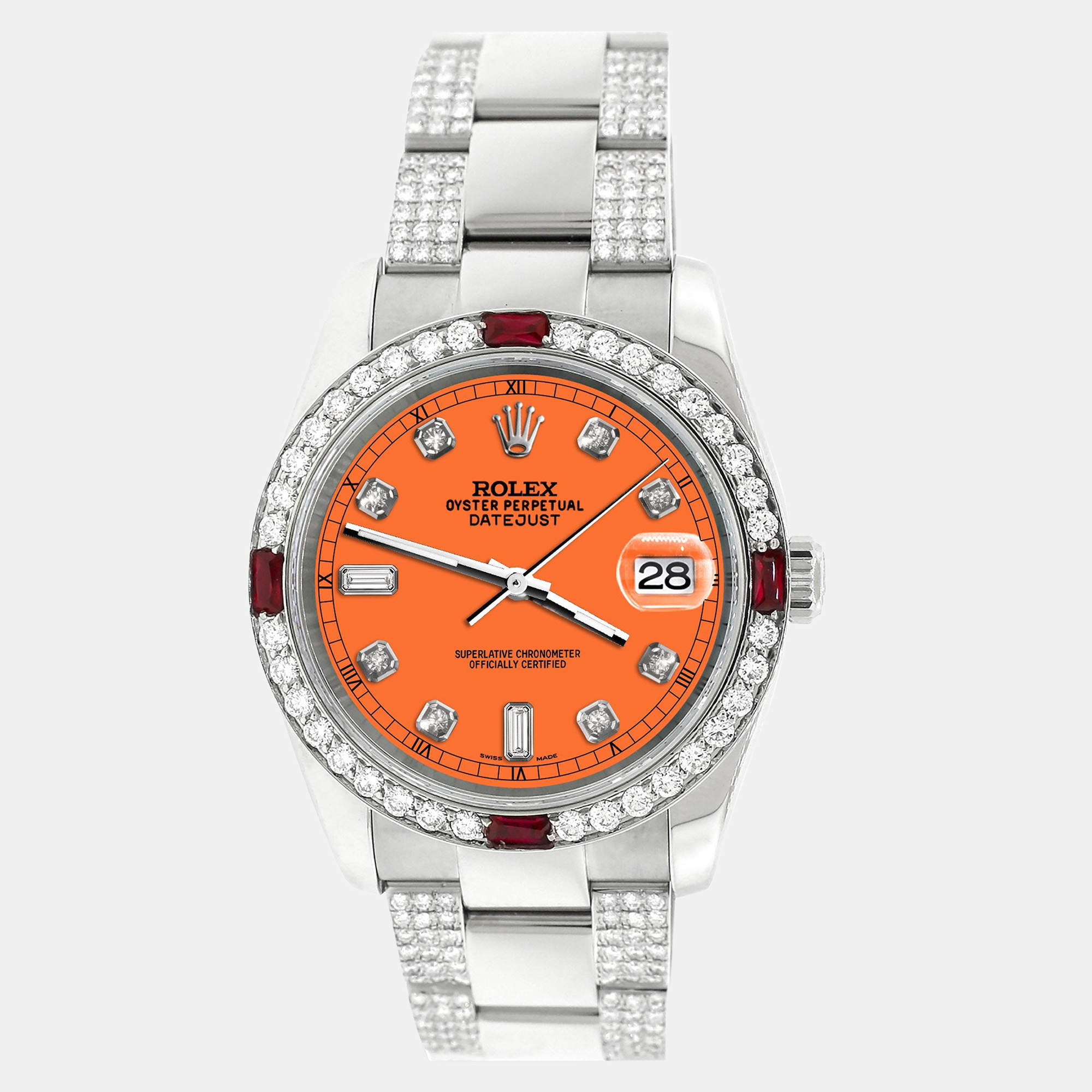 Rolex Custom Pastel Orange 4.5CT Diamond Stainless Steel Datejust 116200 Automatic Men's Wristwatch 36 mm