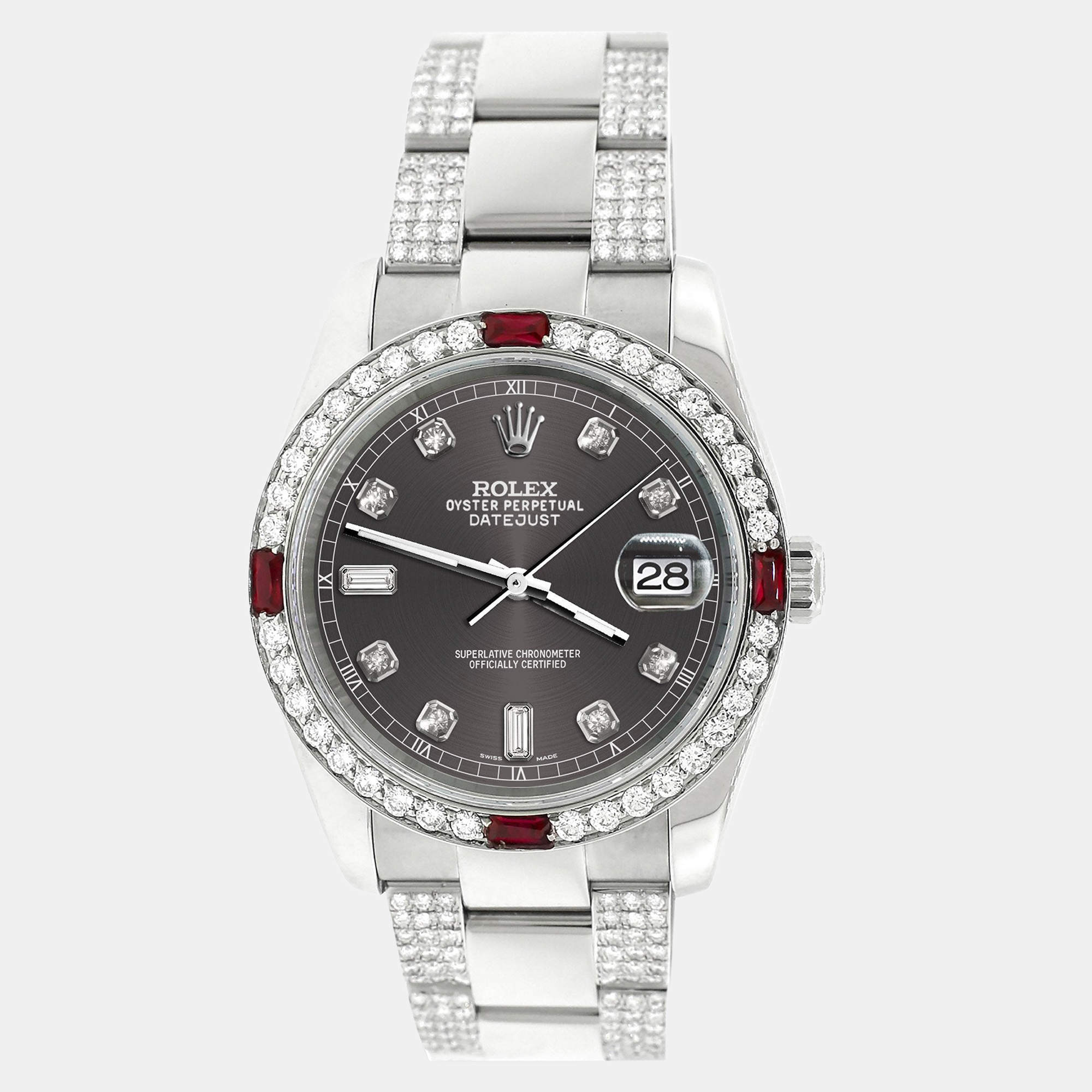 Rolex Custom Rhodium Grey 4.5CT Diamond Stainless Steel Datejust Automatic Men's Wristwatch 36 mm