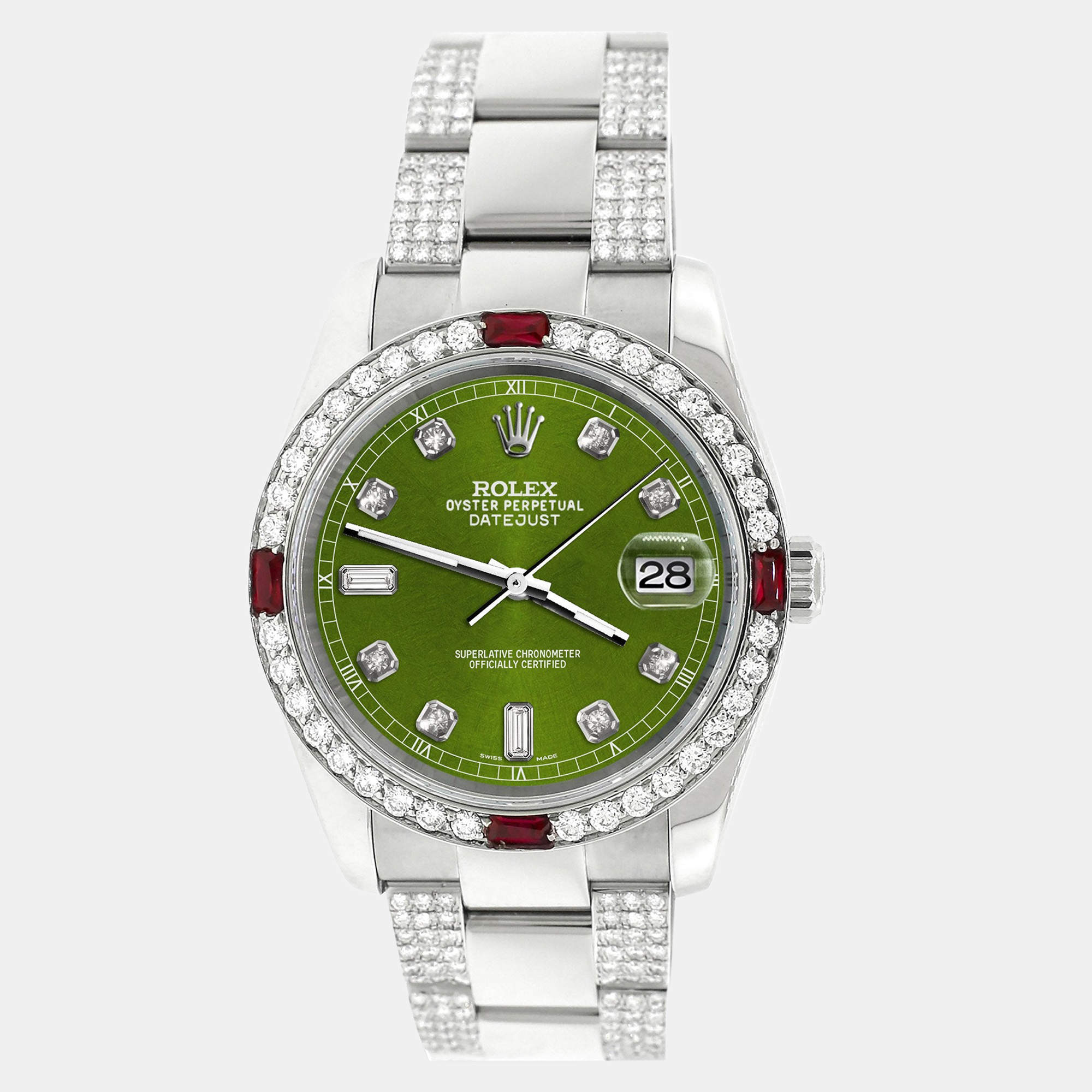Rolex Custom Royal Green 4.5CT Diamond Stainless Steel Datejust 116200 Automatic Men's Wristwatch 36 mm