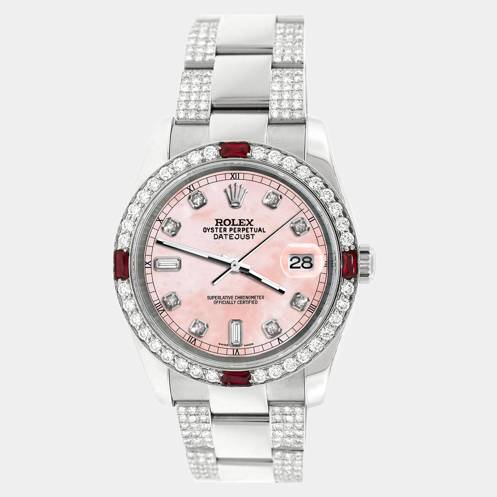 Rolex Custom Pink 4.5CT Diamond Stainless Steel Datejust 116200 Automatic Men's Wristwatch 36 mm