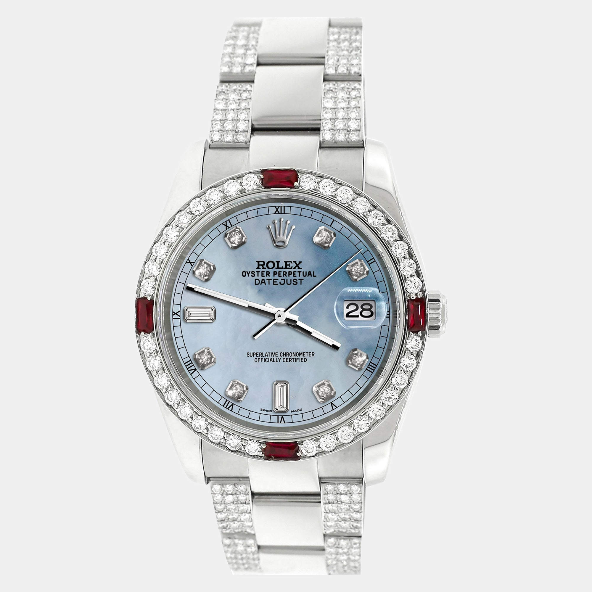 Rolex Custom Sky Blue MOP 4.5CT Diamond Stainless Steel Datejust 116200 Automatic Men's Wristwatch 36 mm