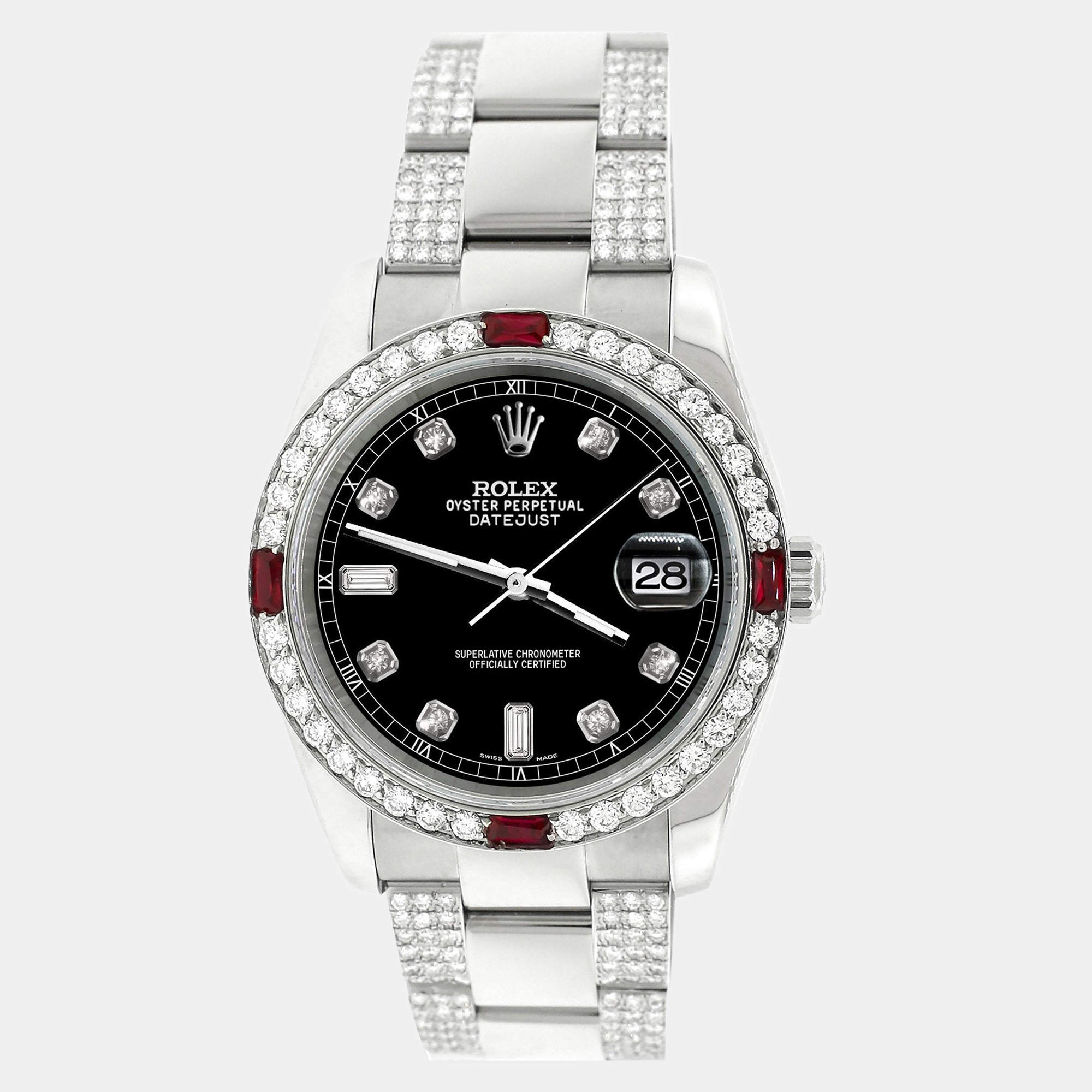 Rolex Custom Black 4.5CT Diamond Stainless Steel Datejust 116200 Automatic Men's Wristwatch 36 mm