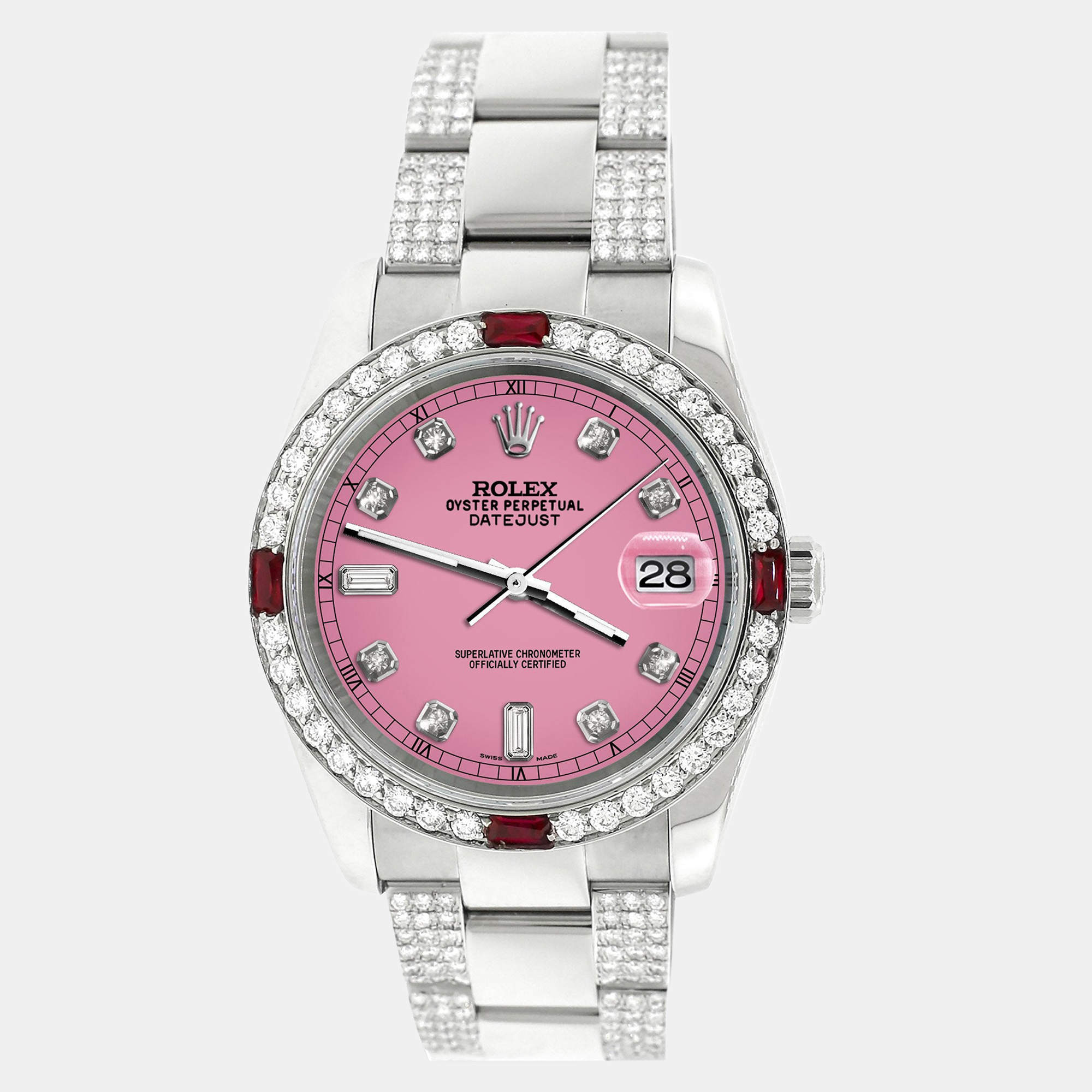 Rolex Custom Pink 4.5CT Diamond Stainless Steel Datejust 116200 Automatic Men's Wristwatch 36 mm