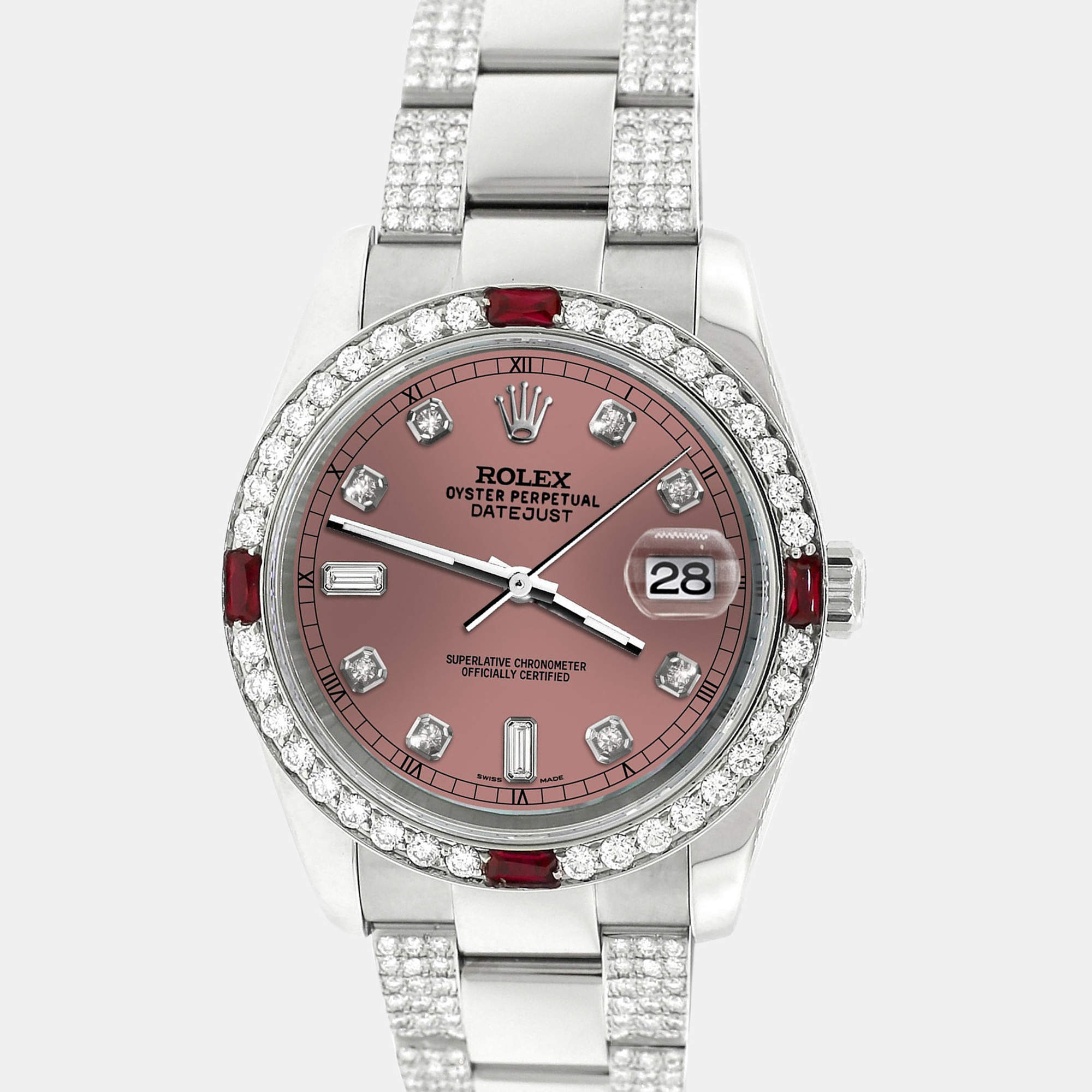 Rolex Custom Salmon 4.5CT Diamond Stainless Steel Datejust 116200 Automatic Men's Wristwatch 36 mm