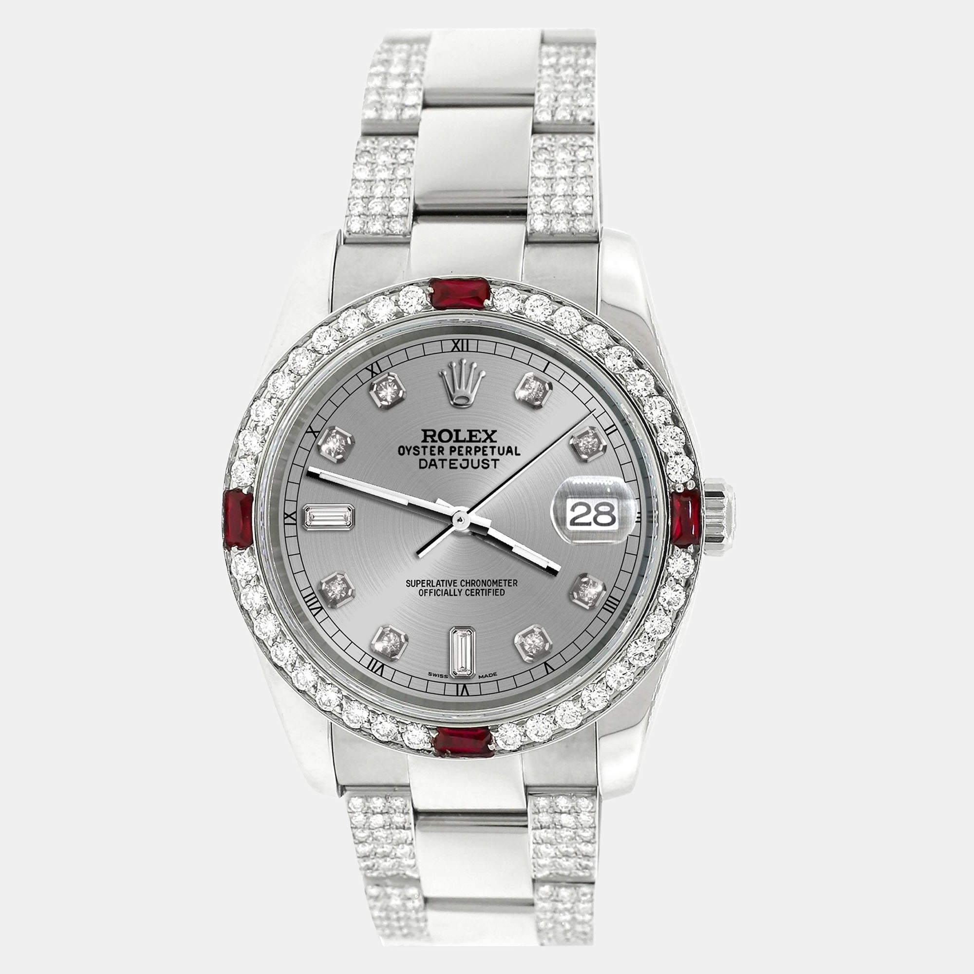 Rolex Custom Silver 4.5CT Diamond Stainless Steel Datejust 116200 Automatic Men's Wristwatch 36 mm