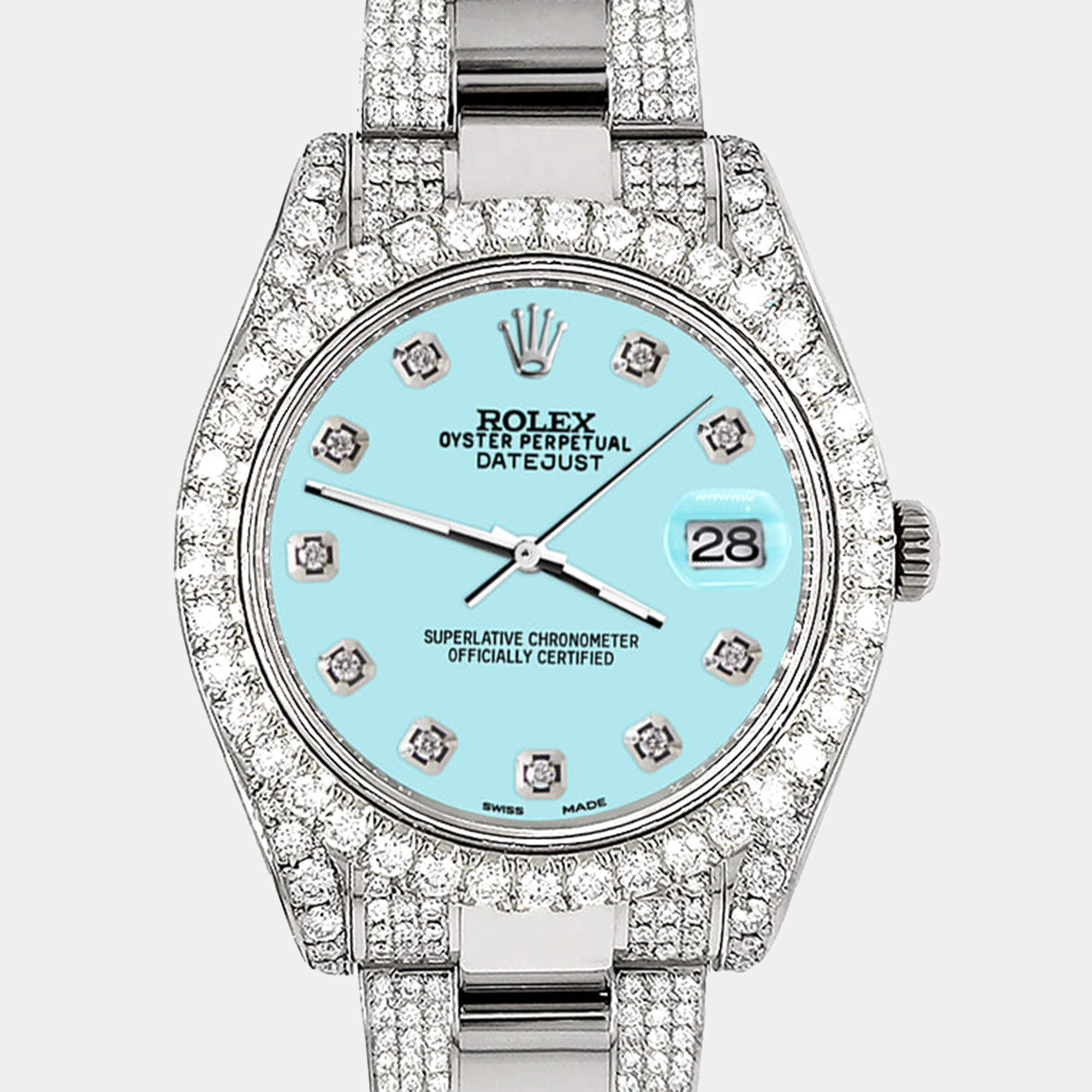 Rolex Custom Aqua Blue 10.3ct Diamond Stainless Steel Datejust II 116300 Automatic Men's Wristwatch 41 mm