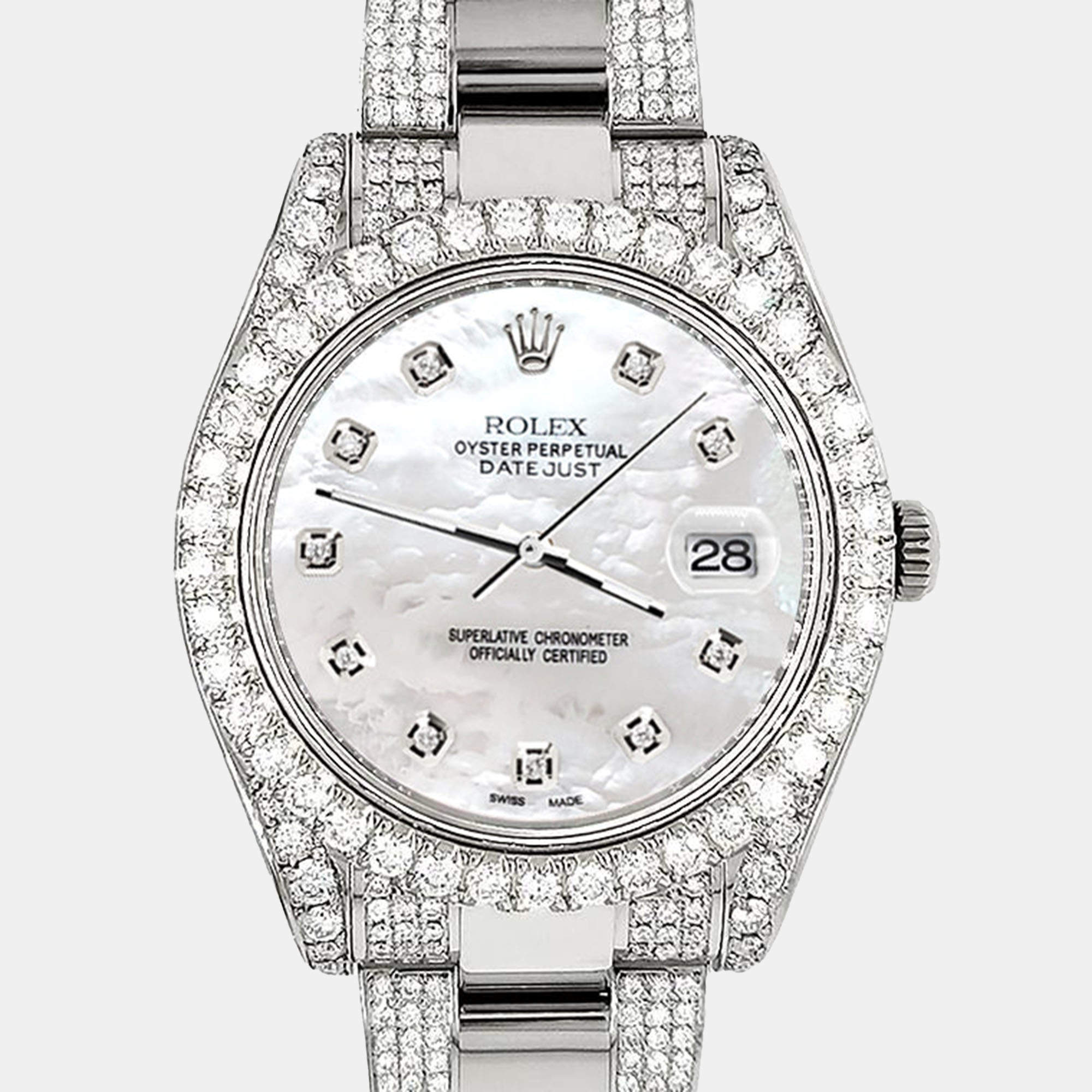 Rolex Custom White MOP 10.3ct Diamond Stainless Steel Datejust II 116300 Automatic Men's Wristwatch 41 mm