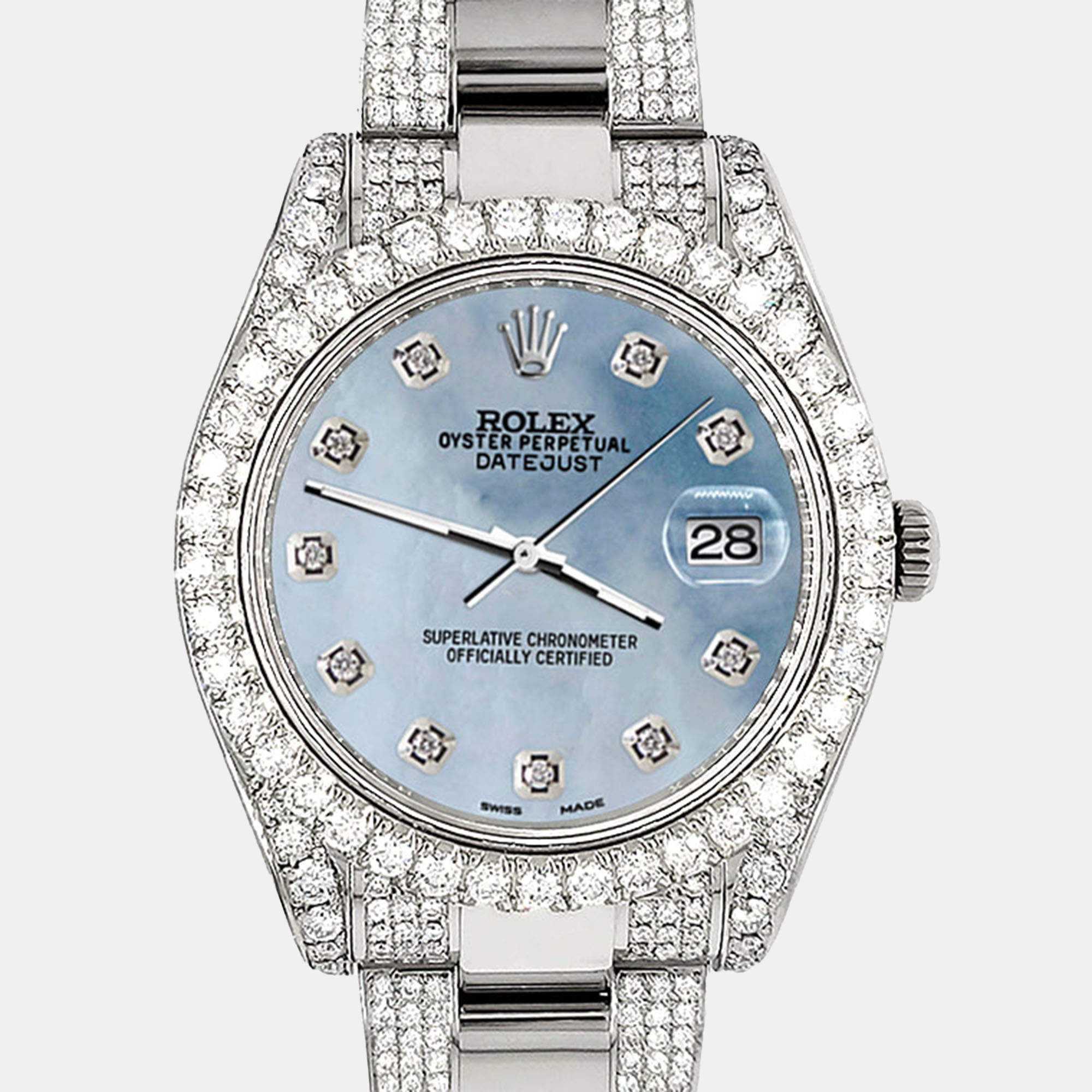 Rolex Custom Sky Blue MOP 10.3ct Diamond Stainless Steel Datejust II 116300 Automatic Men's Wristwatch 41 mm
