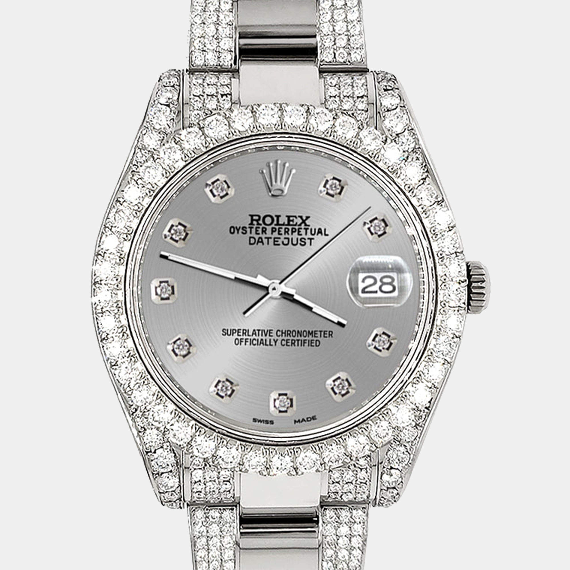 Rolex Custom Silver 10.3ct Diamond Stainless Steel Datejust II 116300 Automatic Men's Wristwatch 41 mm