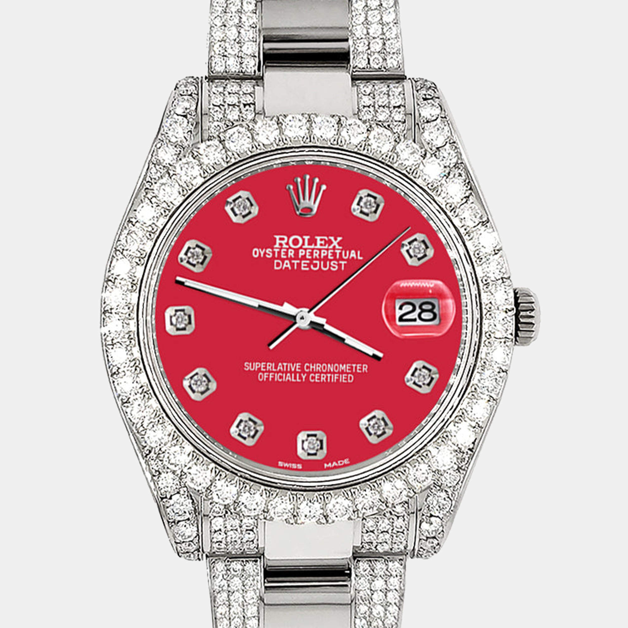 Rolex Custom Scarlet Red 10.3ct Diamond Stainless Steel Datejust II 116300 Automatic Men's Wristwatch 41 mm