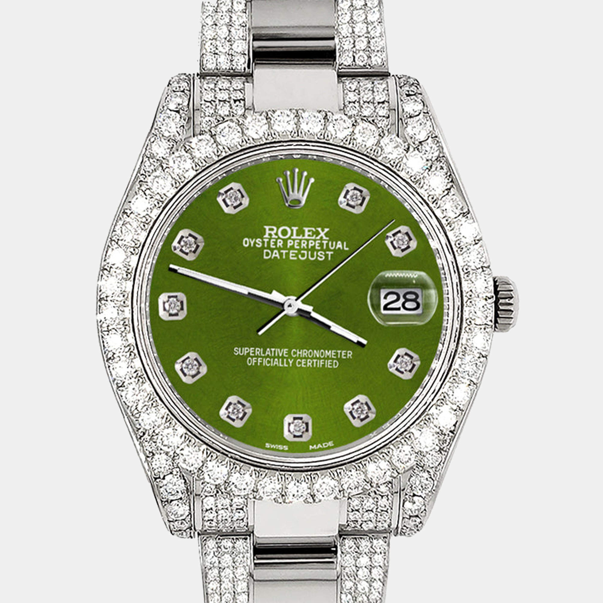 Rolex Custom Royal Green 10.3ct Diamond Stainless Steel Datejust II 116300 Automatic Men's Wristwatch 41 mm