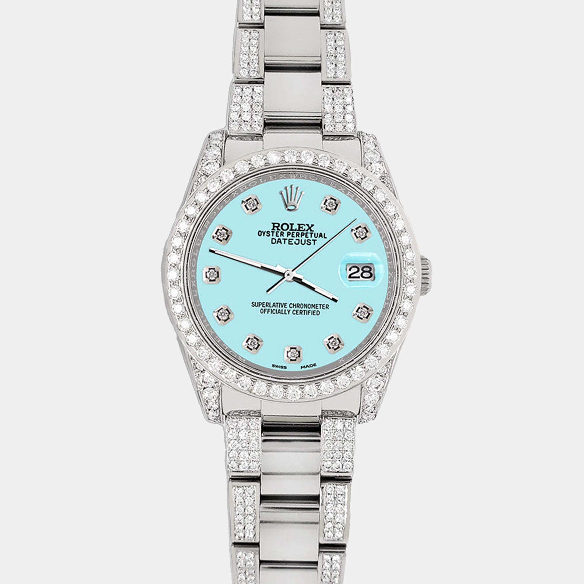 Rolex Custom Aqua Blue 5.9CT Diamond Stainless Steel Datejust 116200 Automatic Men's Wristwatch 36 mm
