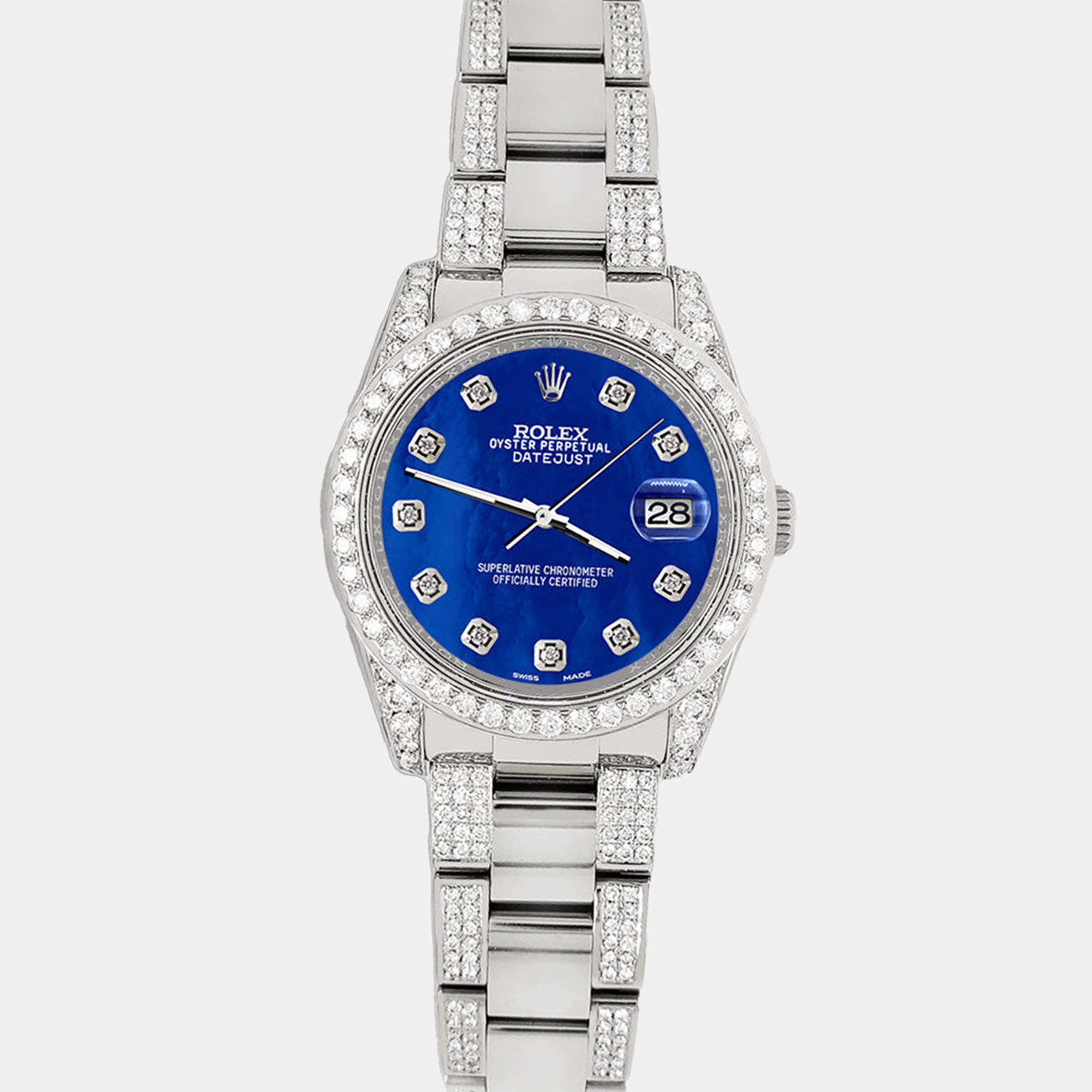 Rolex Custom Royal Blue MOP 5.9CT Diamond Stainless Steel Datejust 116200 Automatic Men's Wristwatch 36 mm