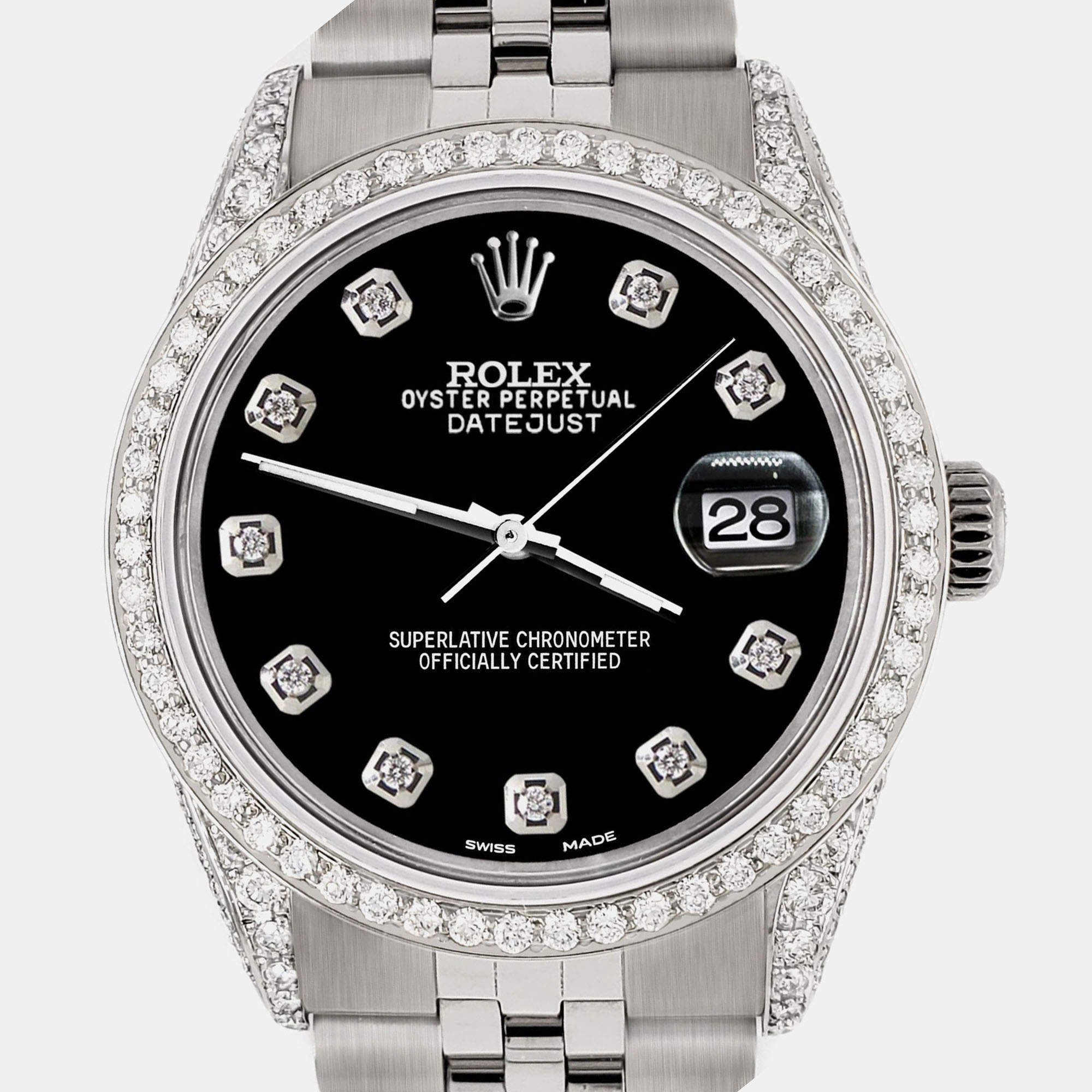 Rolex Custom Black 2.85CT Diamond Stainless Steel Datejust  Automatic Men's Wristwatch 36mm