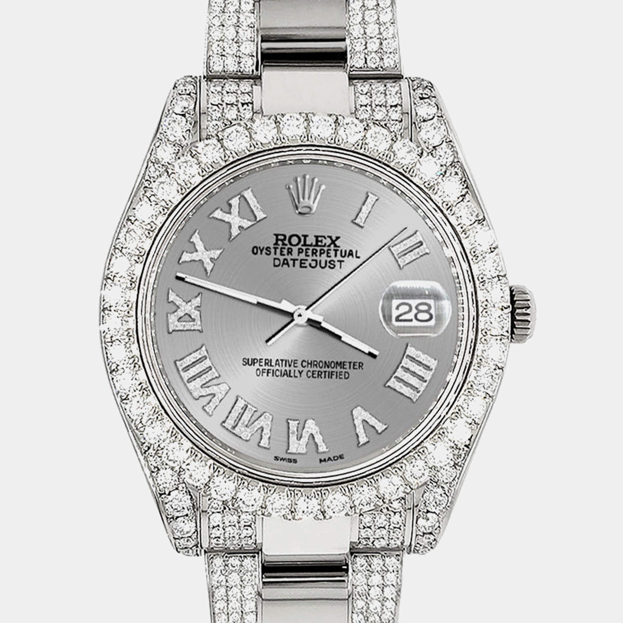Rolex Custom Silver 8.3CT Diamond Stainless Steel Datejust II 116300 Automatic Men's Wristwatch 41mm