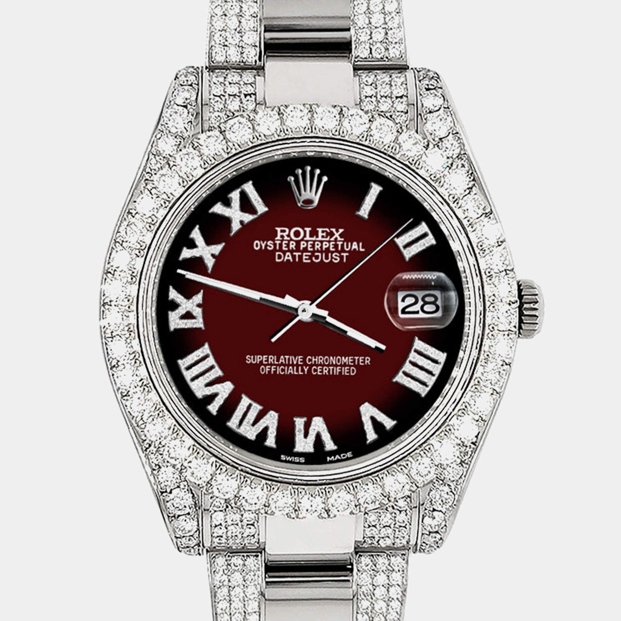 Rolex Custom Maroon Vignette 8.3CT Diamond Stainless Steel Datejust II 116300 Automatic Men's Wristwatch 41mm