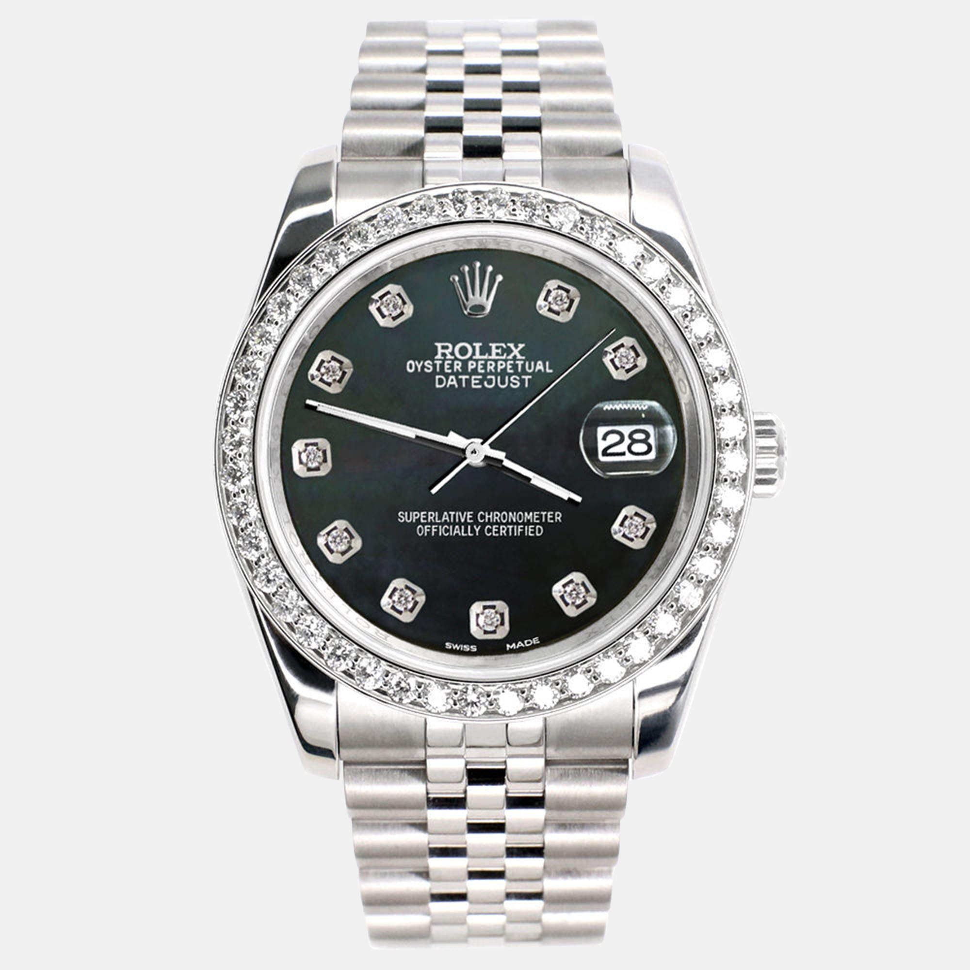 Rolex Custom Black MOP 1.85CT Diamond Stainless Steel Datejust 116200 Automatic Men's Wristwatch 36mm