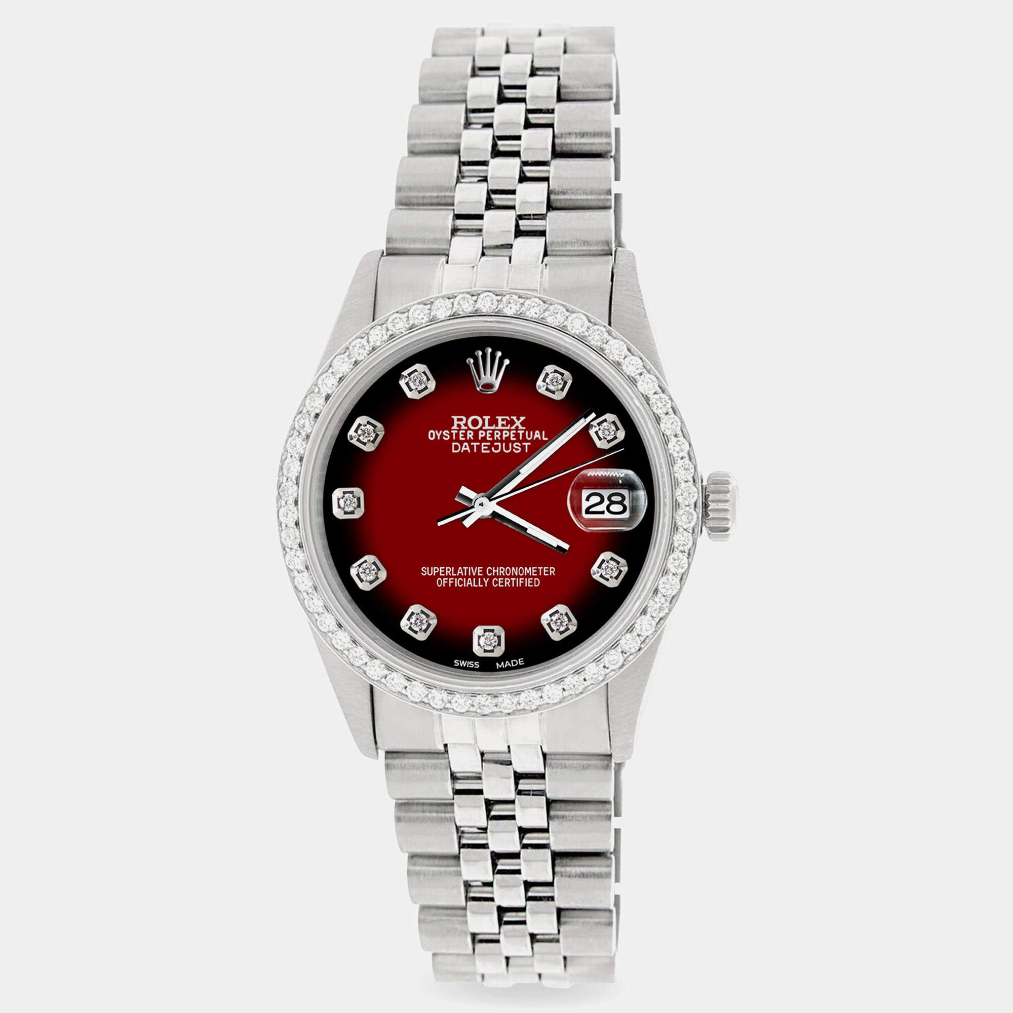 Rolex Custom Red Vignette 1.1CT Diamond Stainless Steel Datejust  Automatic Men's Wristwatch 36mm
