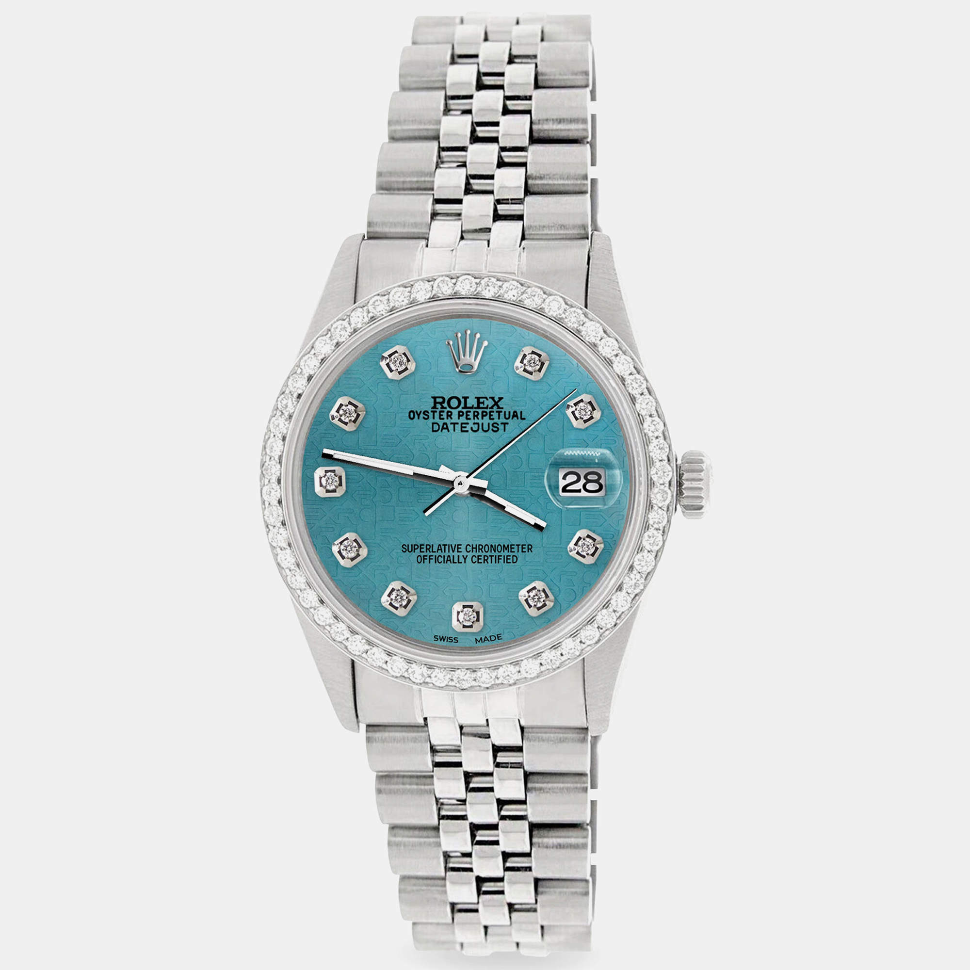 Rolex Custom Turquoise 1.1CT Diamond Stainless Steel Datejust  Automatic Men's Wristwatch 36mm