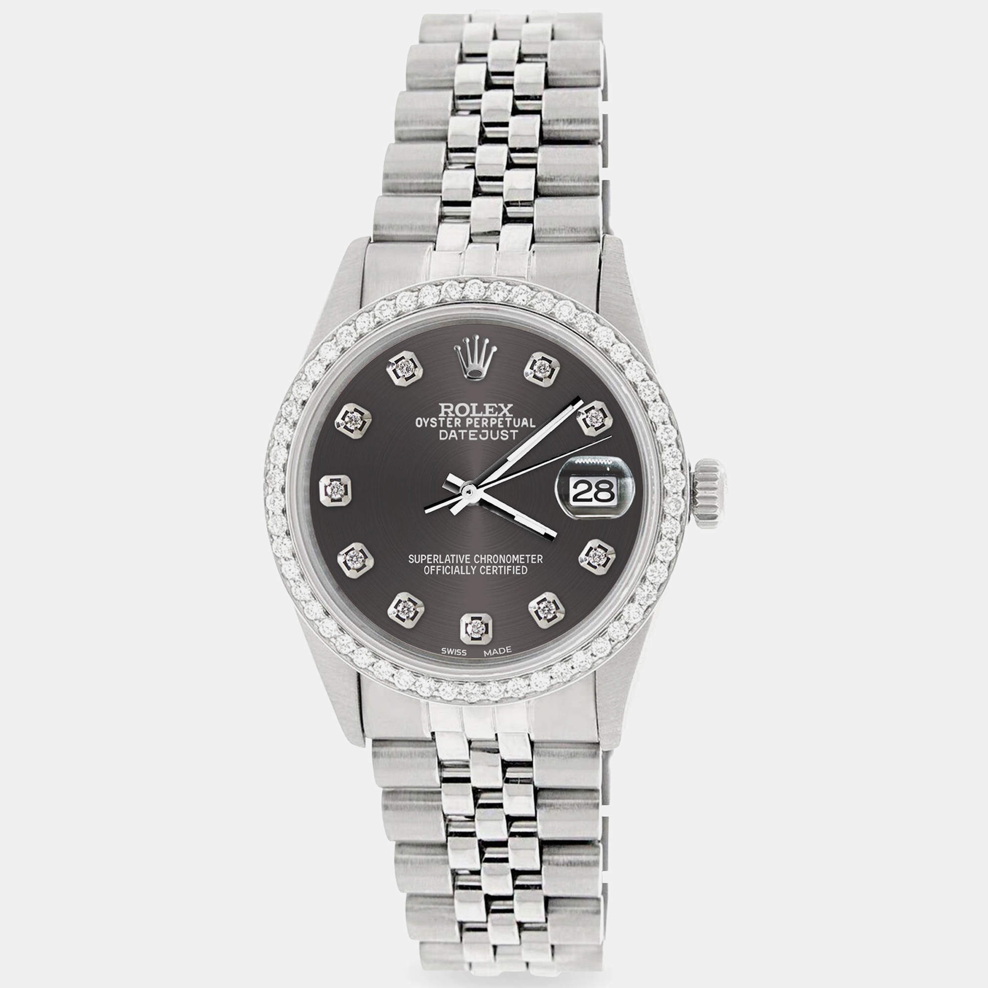 Rolex Custom Grey 1.1CT Diamond Stainless Steel Datejust  Automatic Men's Wristwatch 36mm