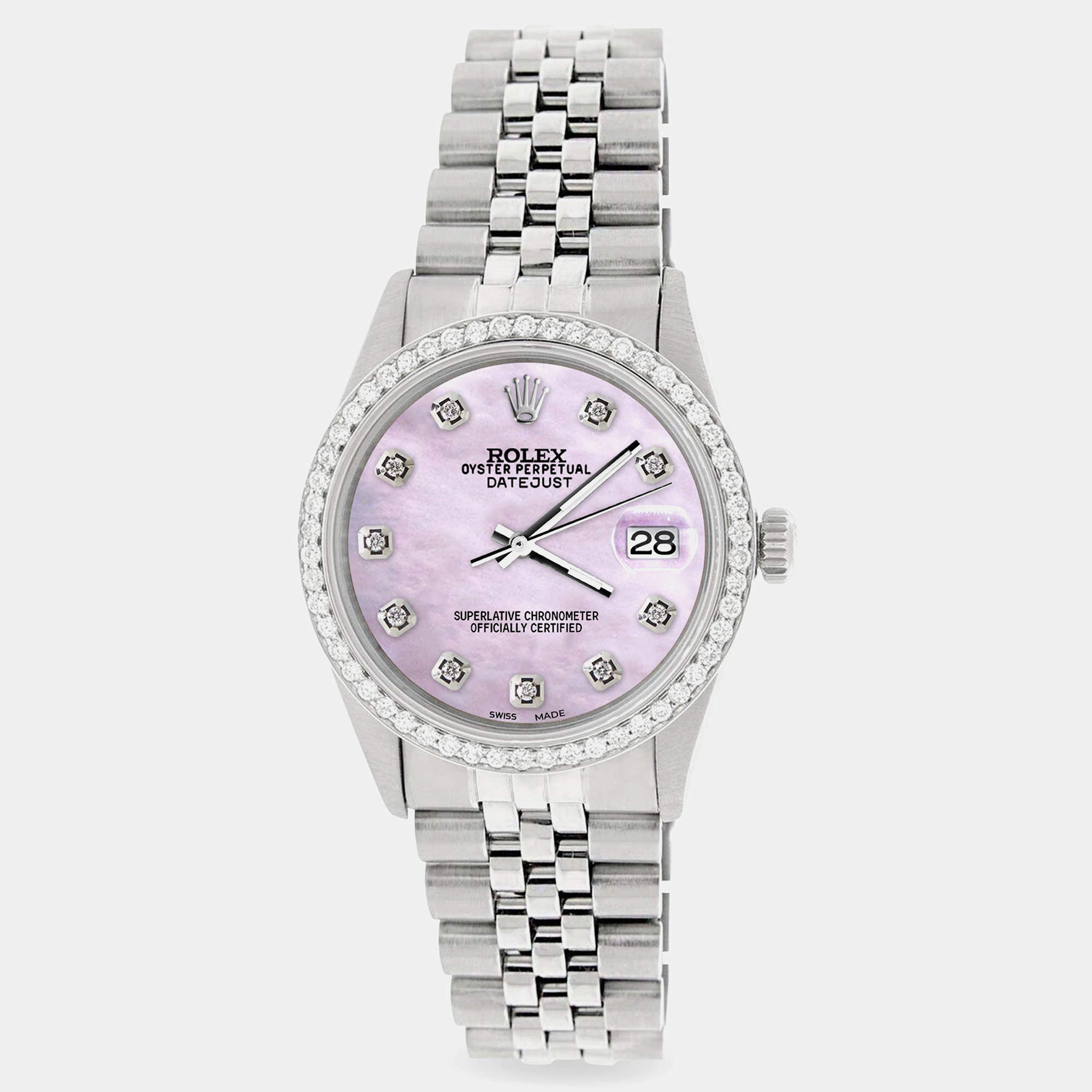 Rolex Custom Pink Pearl 1.1CT Diamond Stainless Steel Datejust  Automatic Men's Wristwatch 36mm