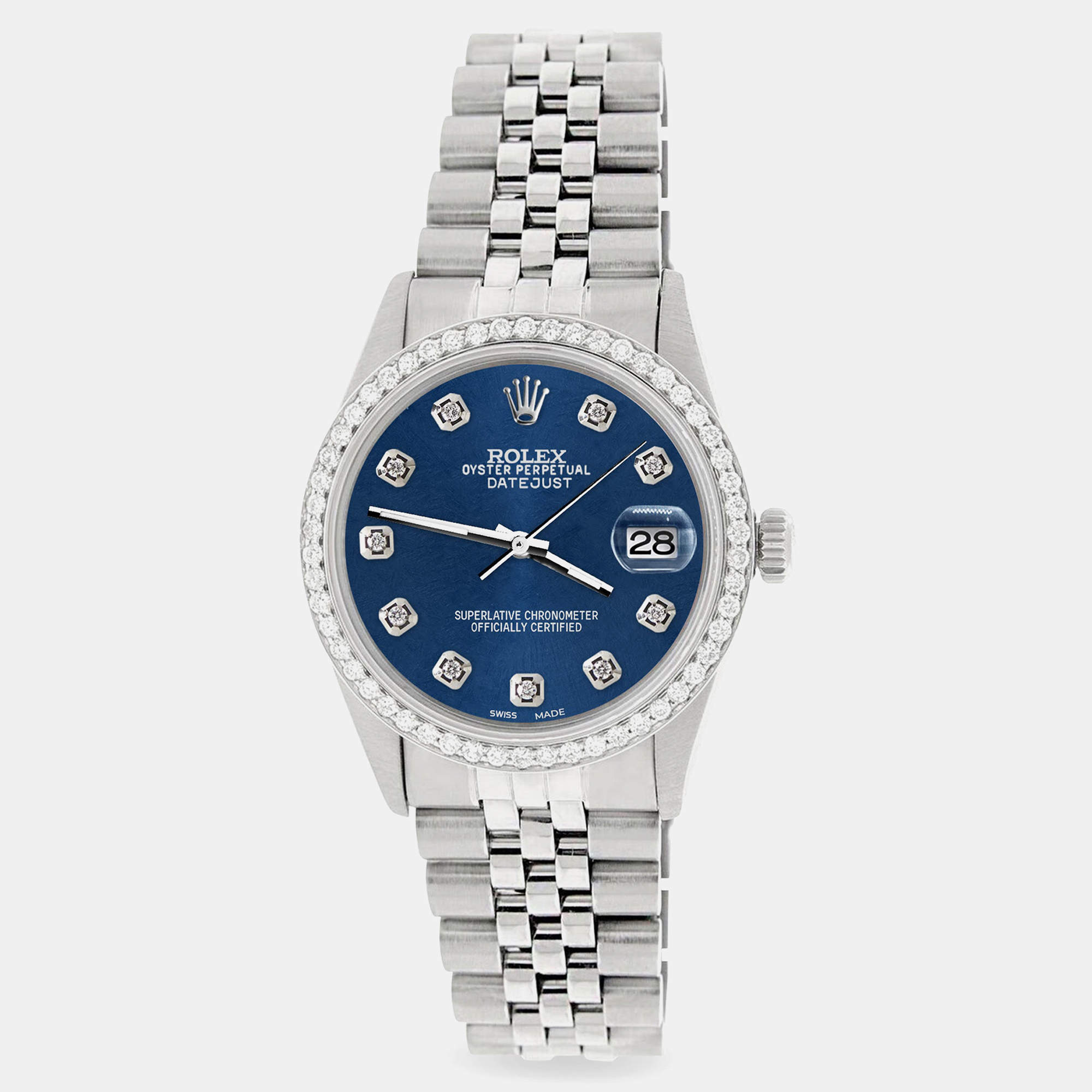 Rolex Custom Blue 1.1CT Diamond Stainless Steel Datejust  Automatic Men's Wristwatch 36mm