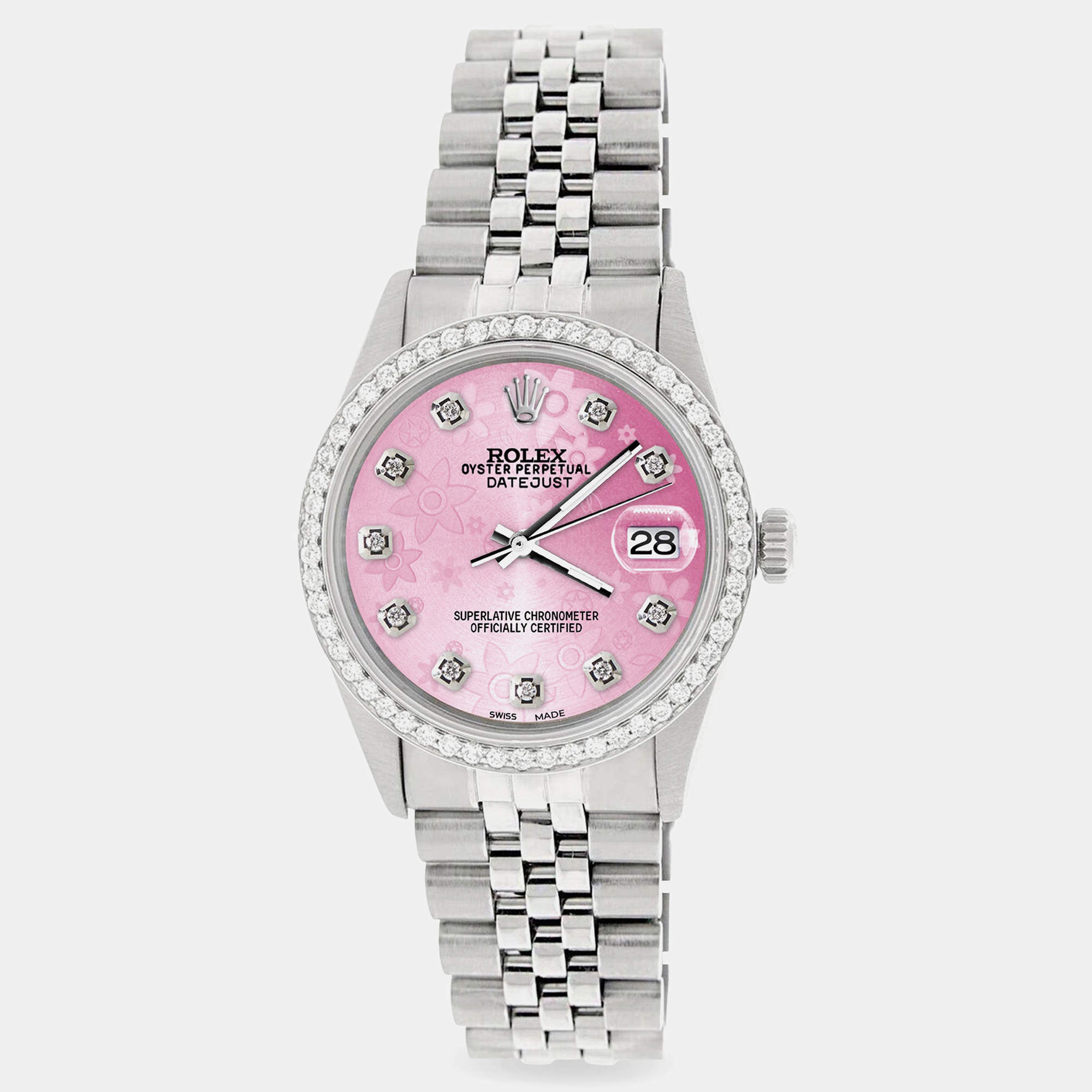 Rolex Custom Peach Flower 1.1CT Diamond Stainless Steel Datejust  Automatic Men's Wristwatch 36mm