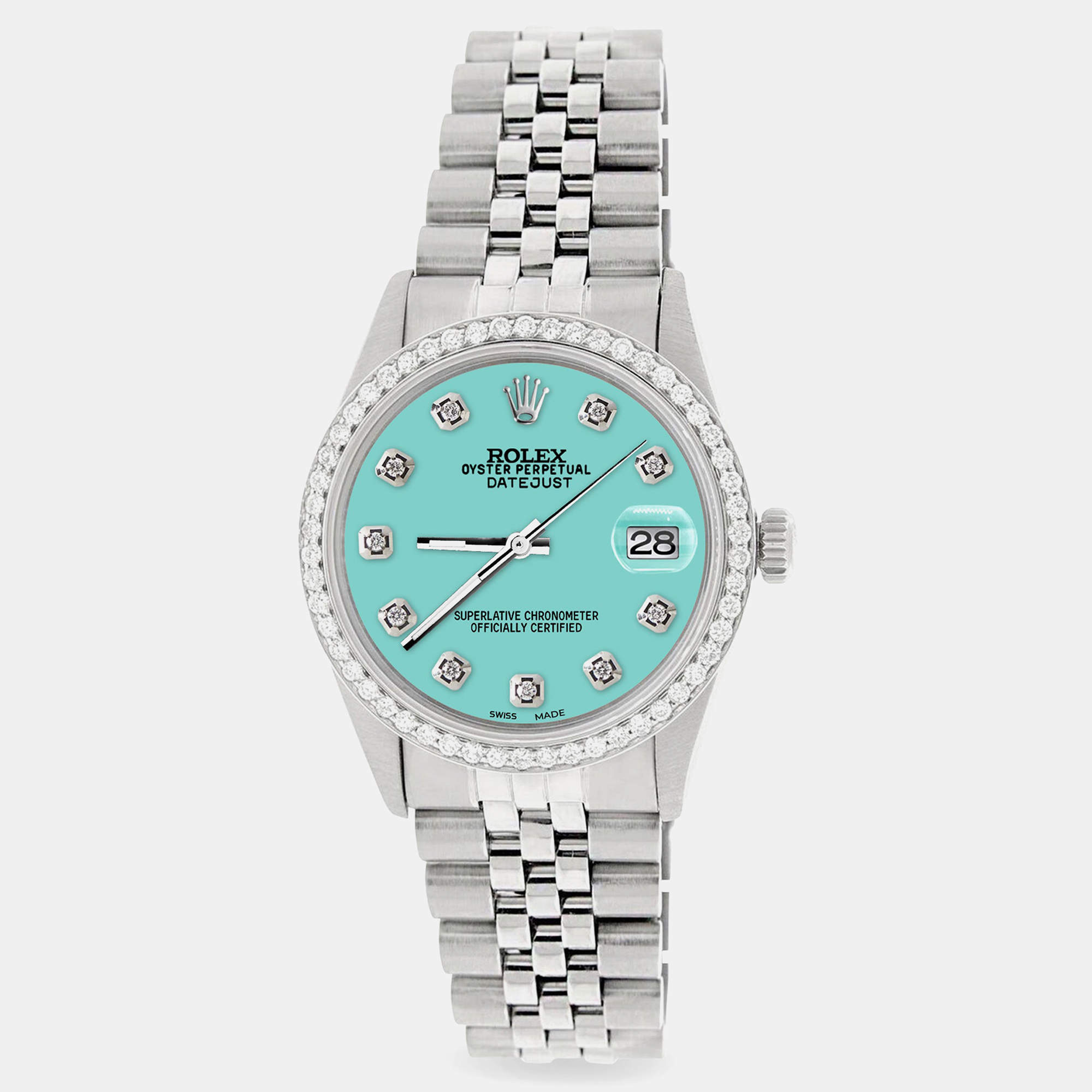 Rolex Custom Sky Blue 1.1CT Diamond Stainless Steel Datejust  Automatic Men's Wristwatch 36mm