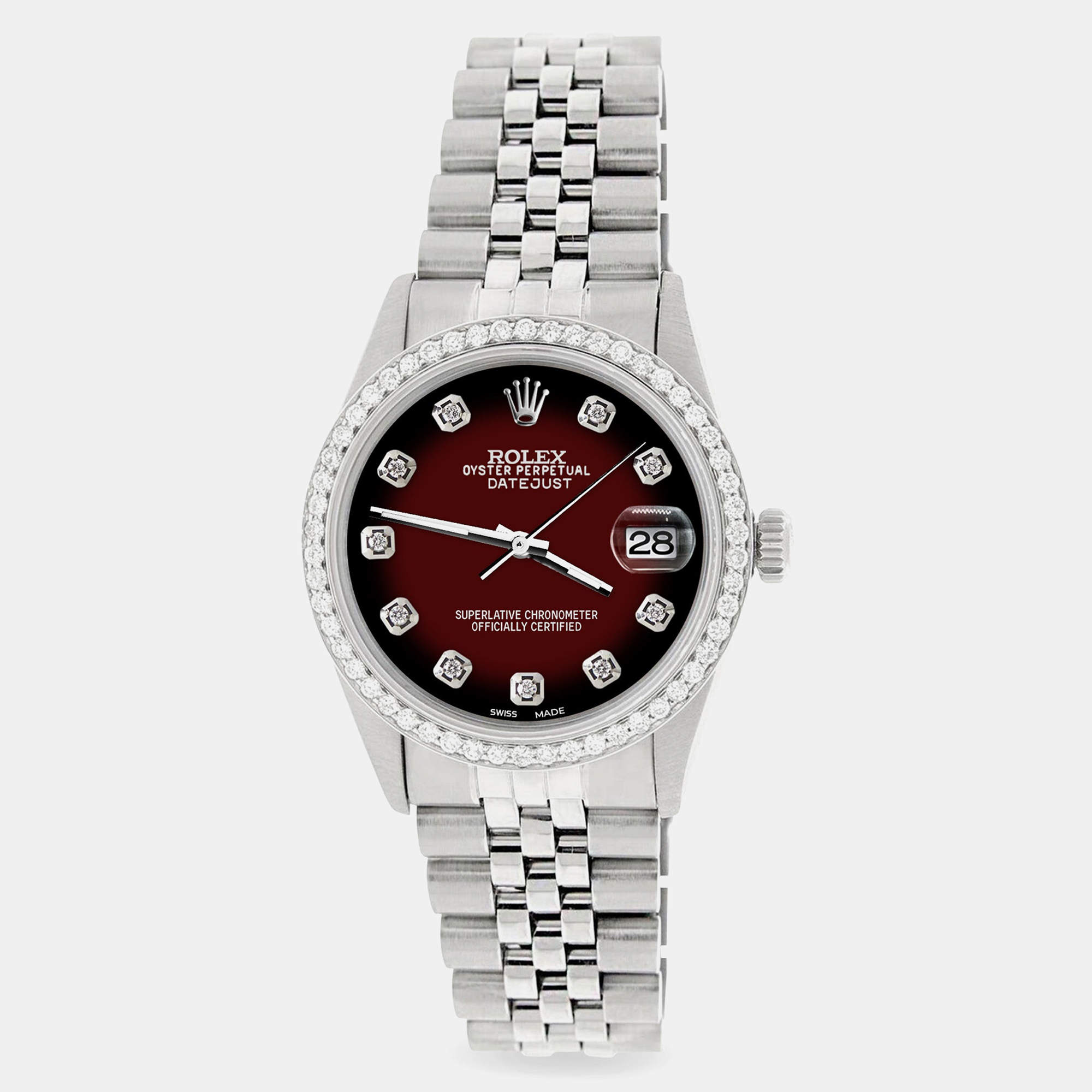 Rolex Custom Maroon Vignette 1.1CT Diamond Stainless Steel Datejust  Automatic Men's Wristwatch 36mm