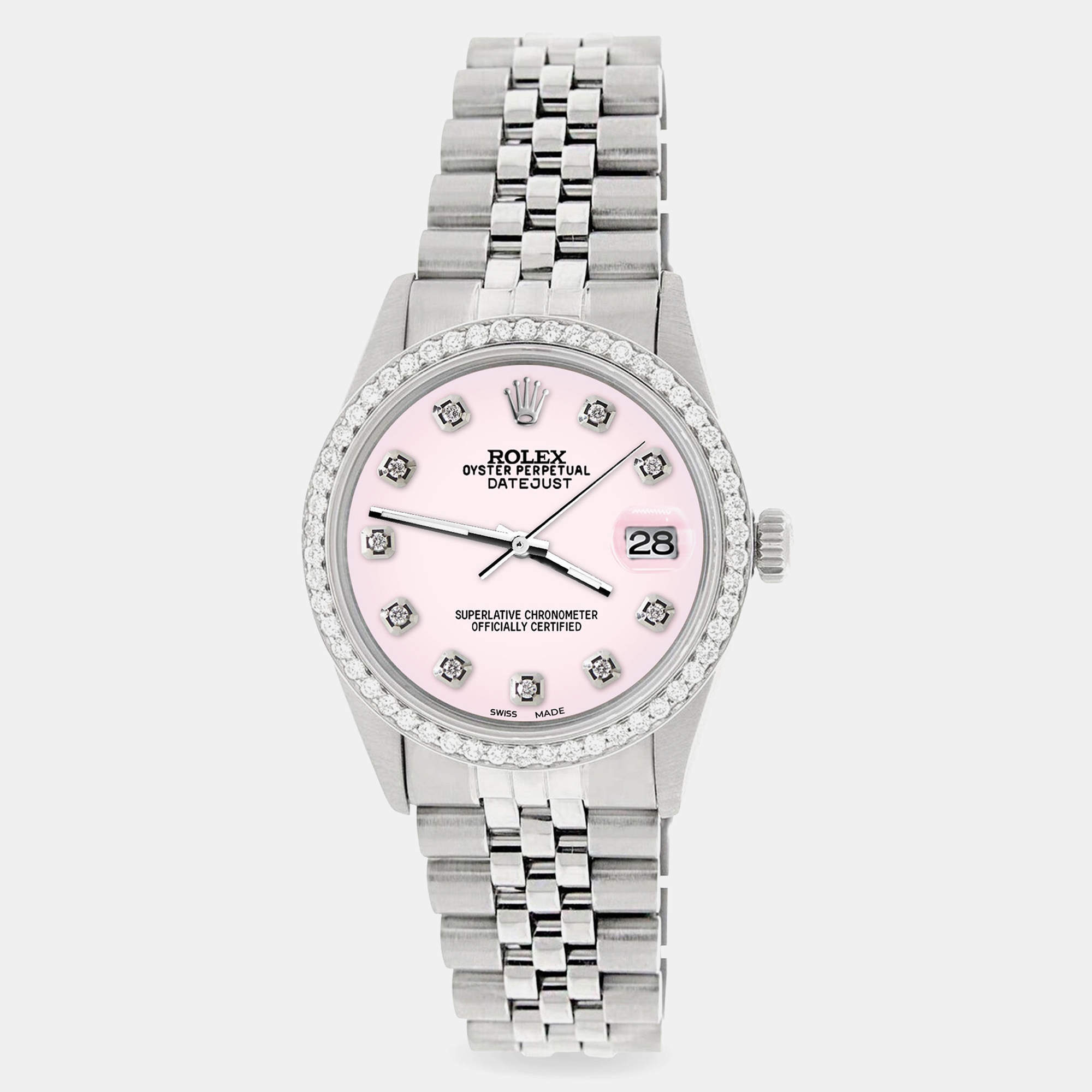 Rolex Custom Ice Pink 1.1CT Diamond Stainless Steel Datejust  Automatic Men's Wristwatch 36mm
