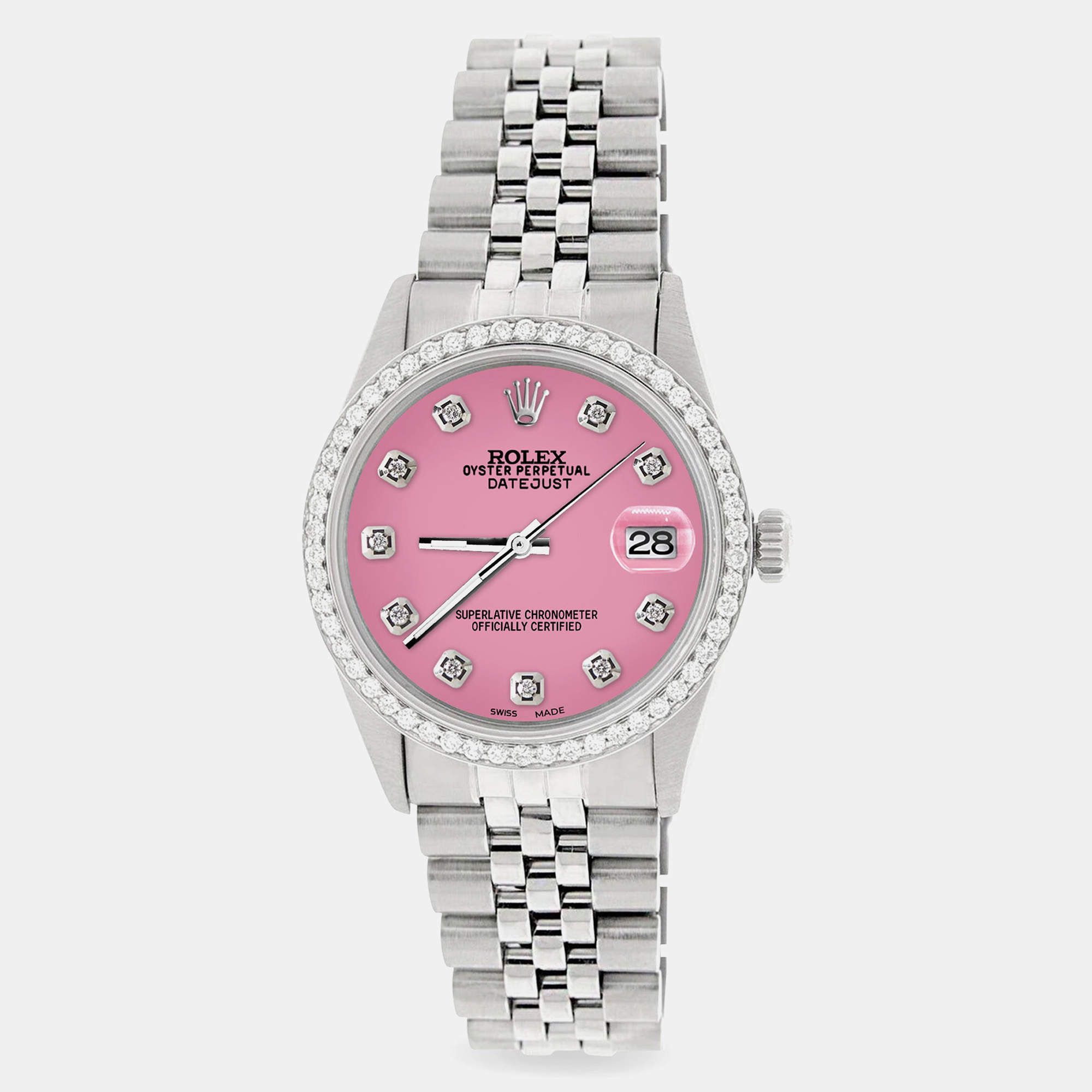 Rolex Custom Hot Pink 1.1CT Diamond Stainless Steel Datejust  Automatic Men's Wristwatch 36mm