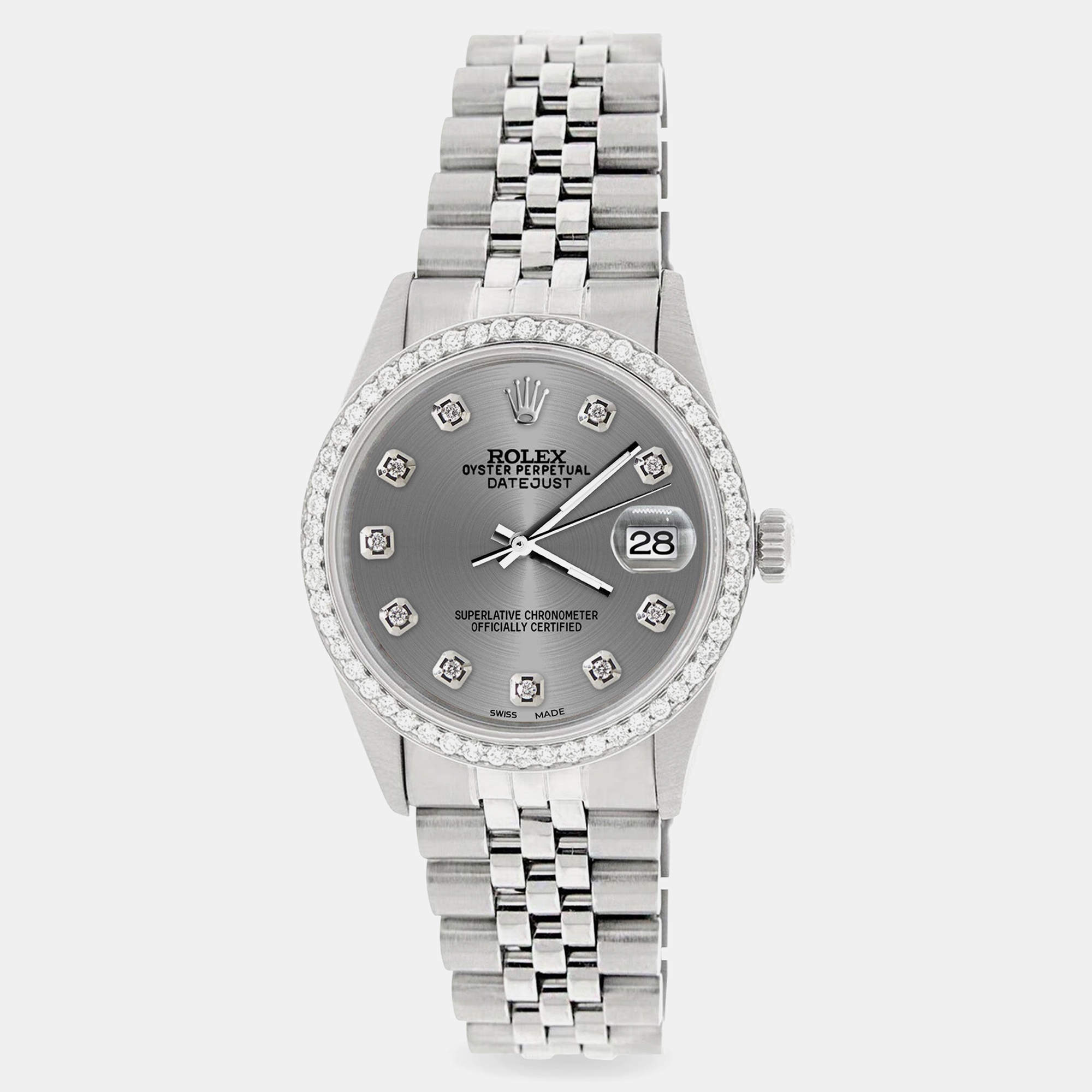 Rolex Custom Grey 1.1CT Diamond Stainless Steel Datejust  Automatic Men's Wristwatch 36mm