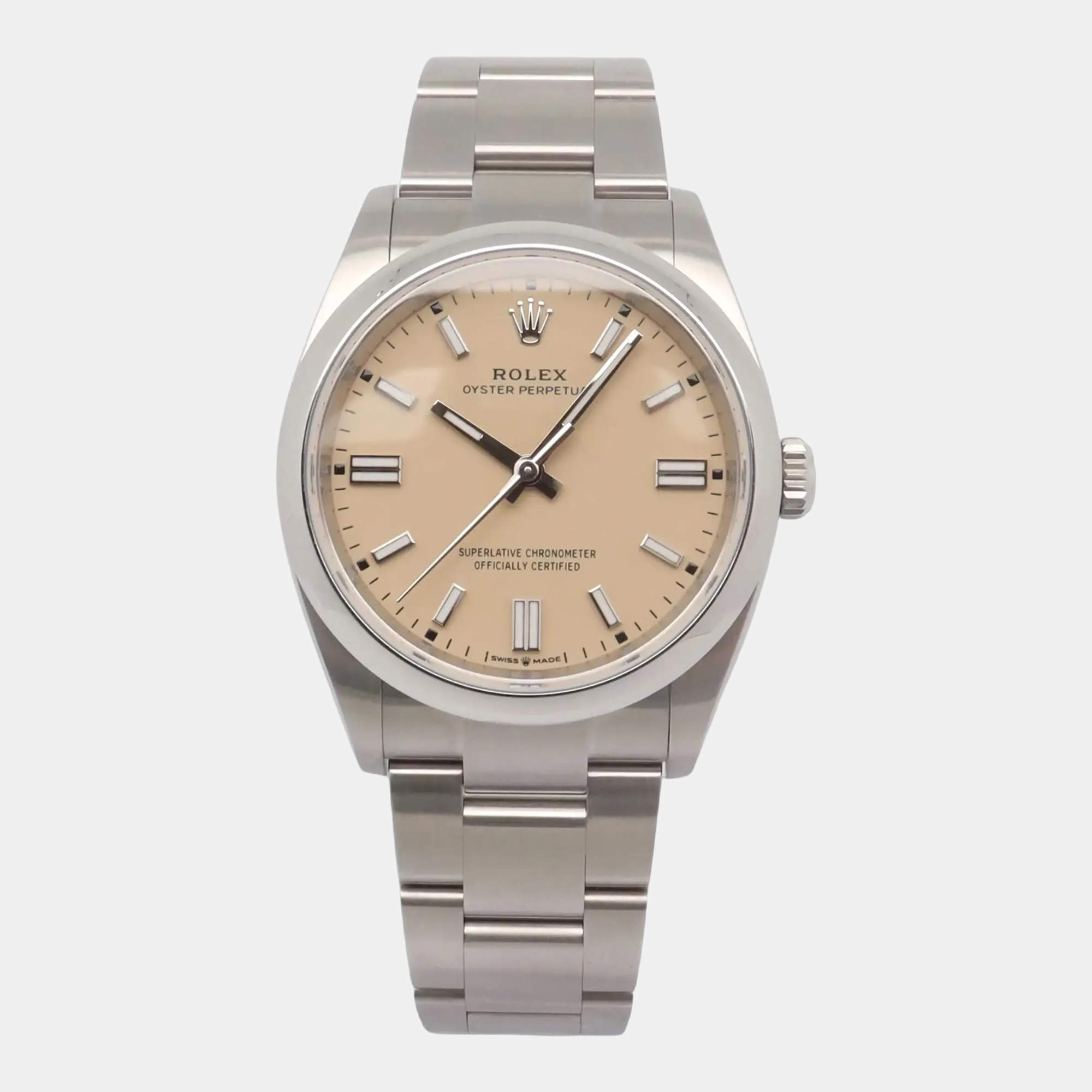 Pre Owned Rolex Beige Oyster Perpetual 126000 Stainless Steel Automatic Men's Wristwatch 36mm