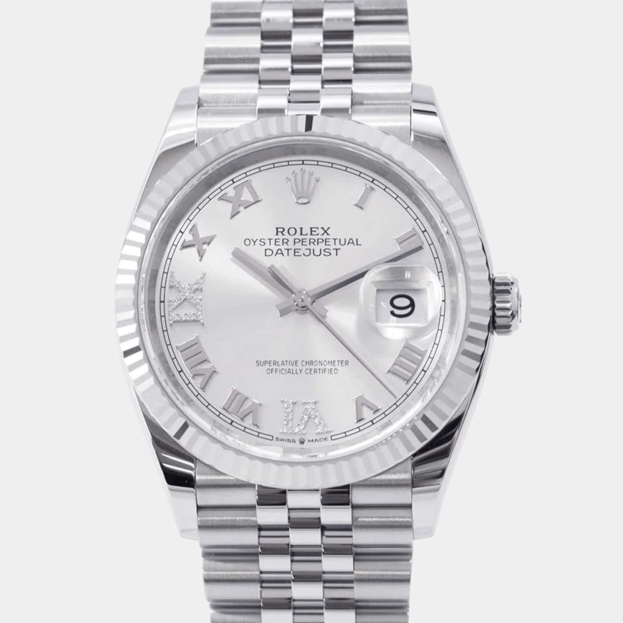 Rolex Silver 18k White Gold Stainless Steel Datejust 126234 Automatic Men's Wristwatch 36 mm