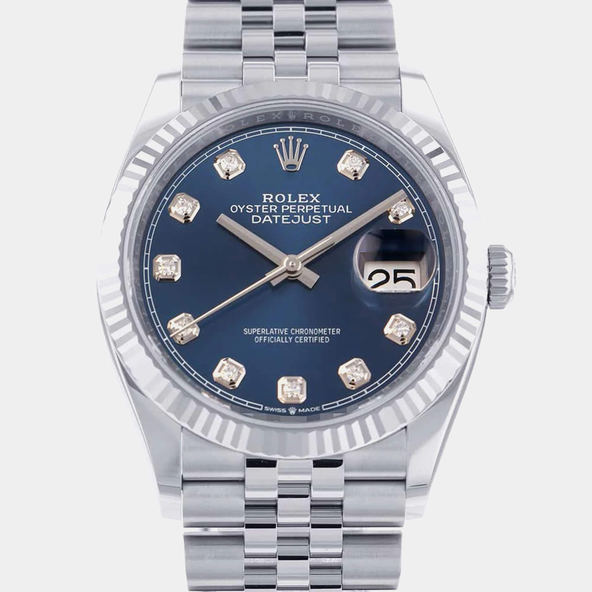 Rolex Blue Stainless Steel Diamond Datejust Automatic Men's Wristwatch 36 mm