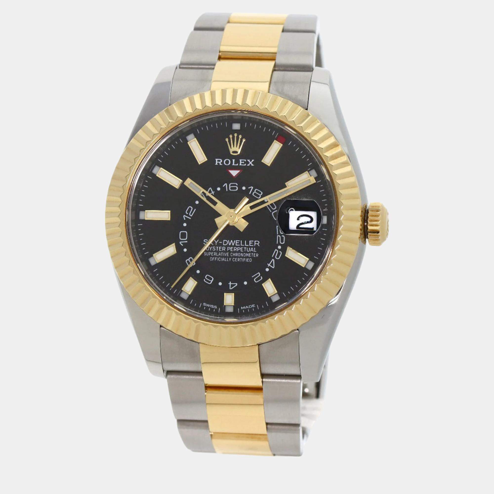 Rolex Black 18k Yellow Gold Stainless Steel Sky-Dweller 326933 Automatic Men's Wristwatch 42 mm