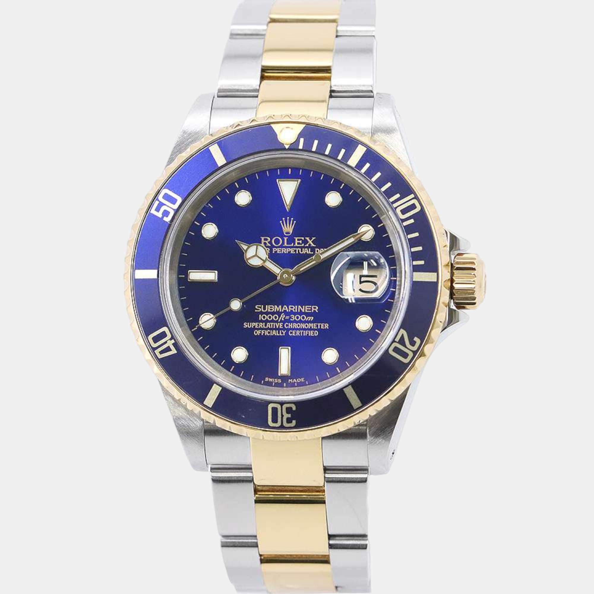 Rolex Blue 18k Yellow Gold Stainless Steel Submariner 16613 Automatic Men's Wristwatch 40 mm