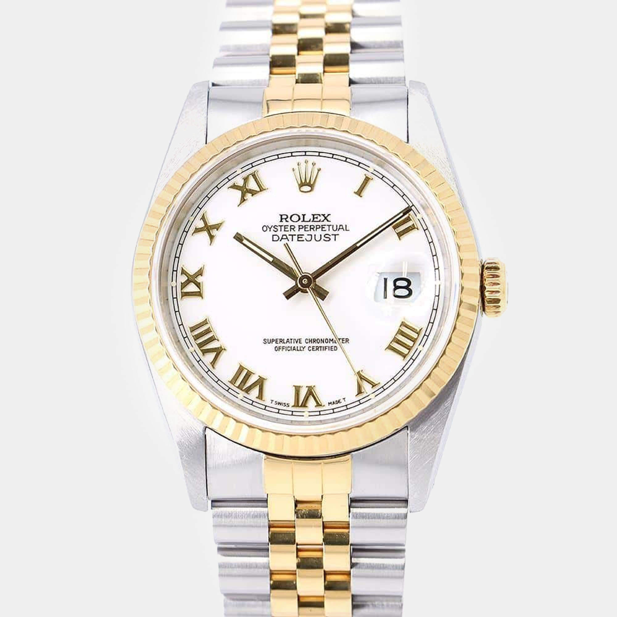 Rolex White 18k Yellow Gold Stainless Steel Datejust 16233 Automatic Men's Wristwatch 36 mm