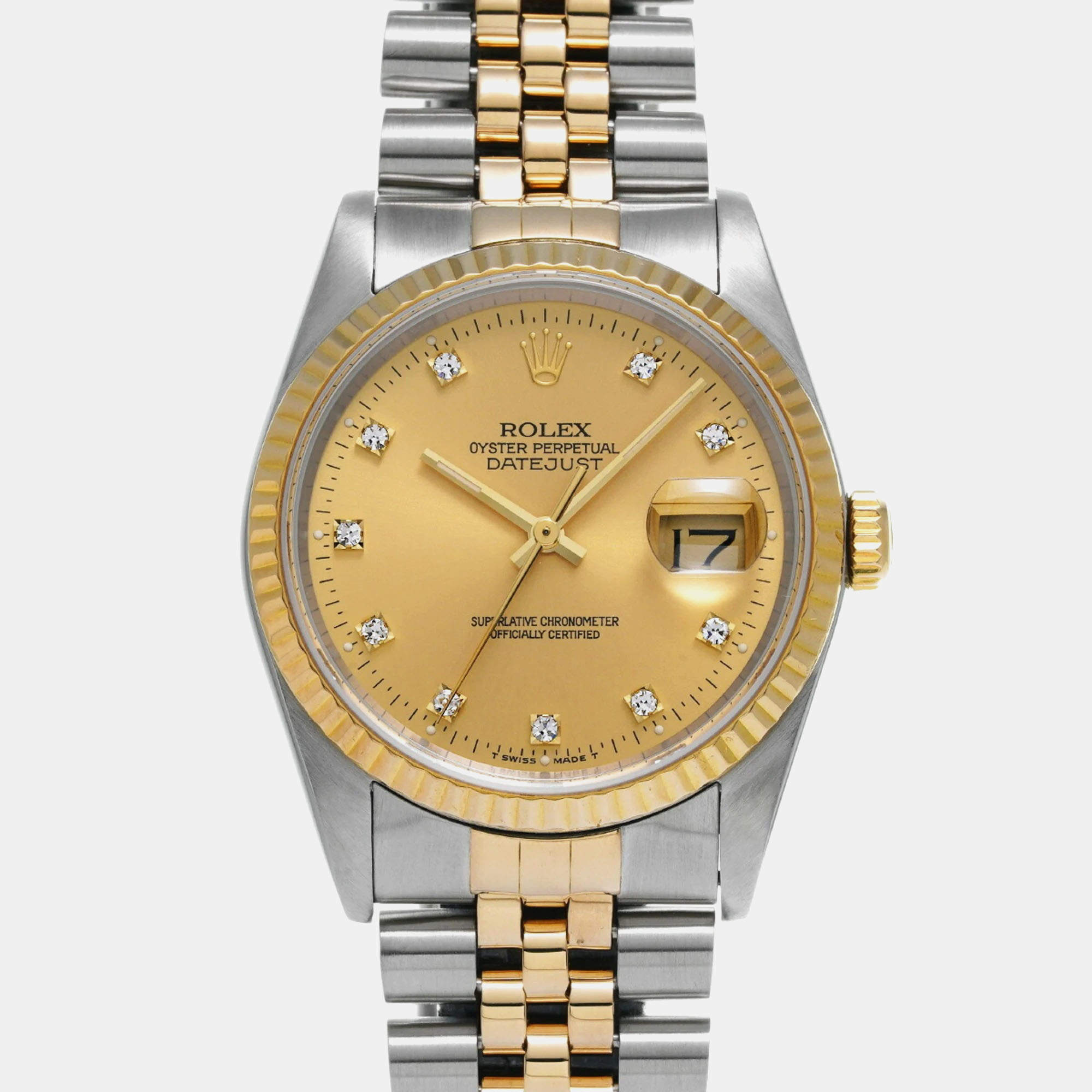 Rolex Champagne Diamond 18k Yellow Gold Stainless Steel Datejust Automatic Men's Wristwatch 36 mm