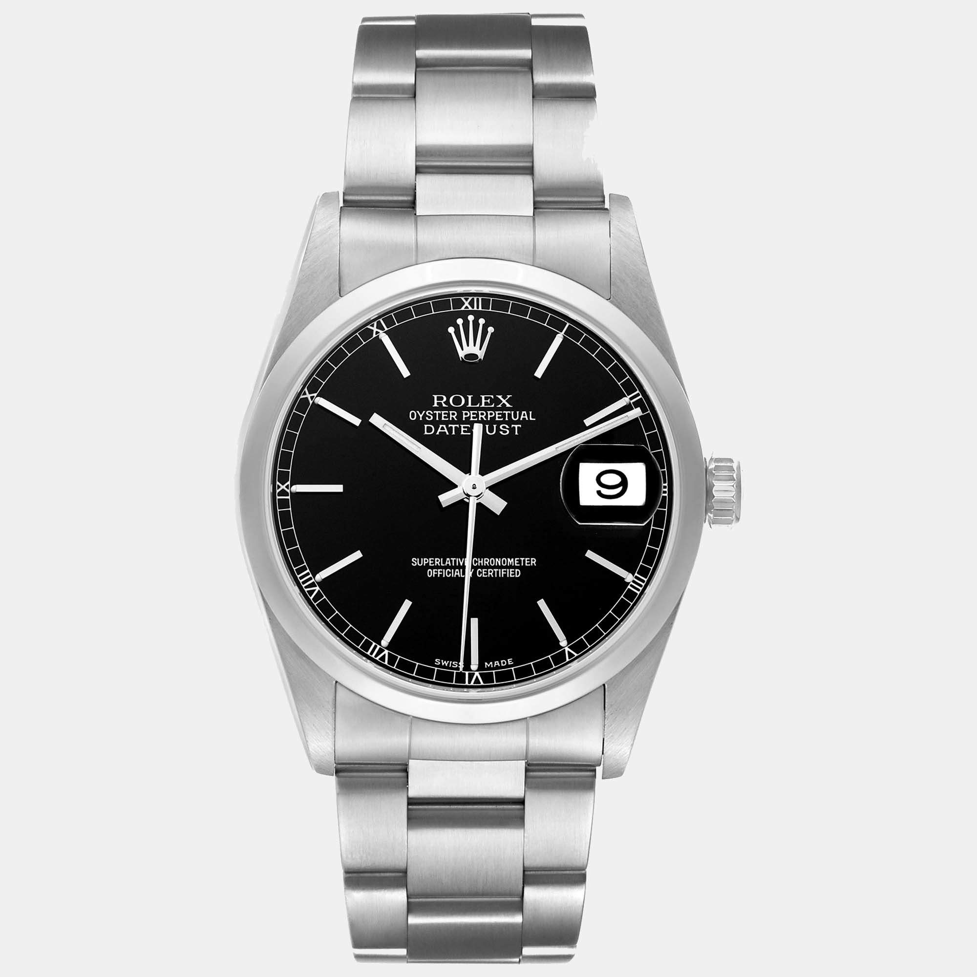 Rolex Datejust Black Dial Steel Men's Watch 16200 36 mm