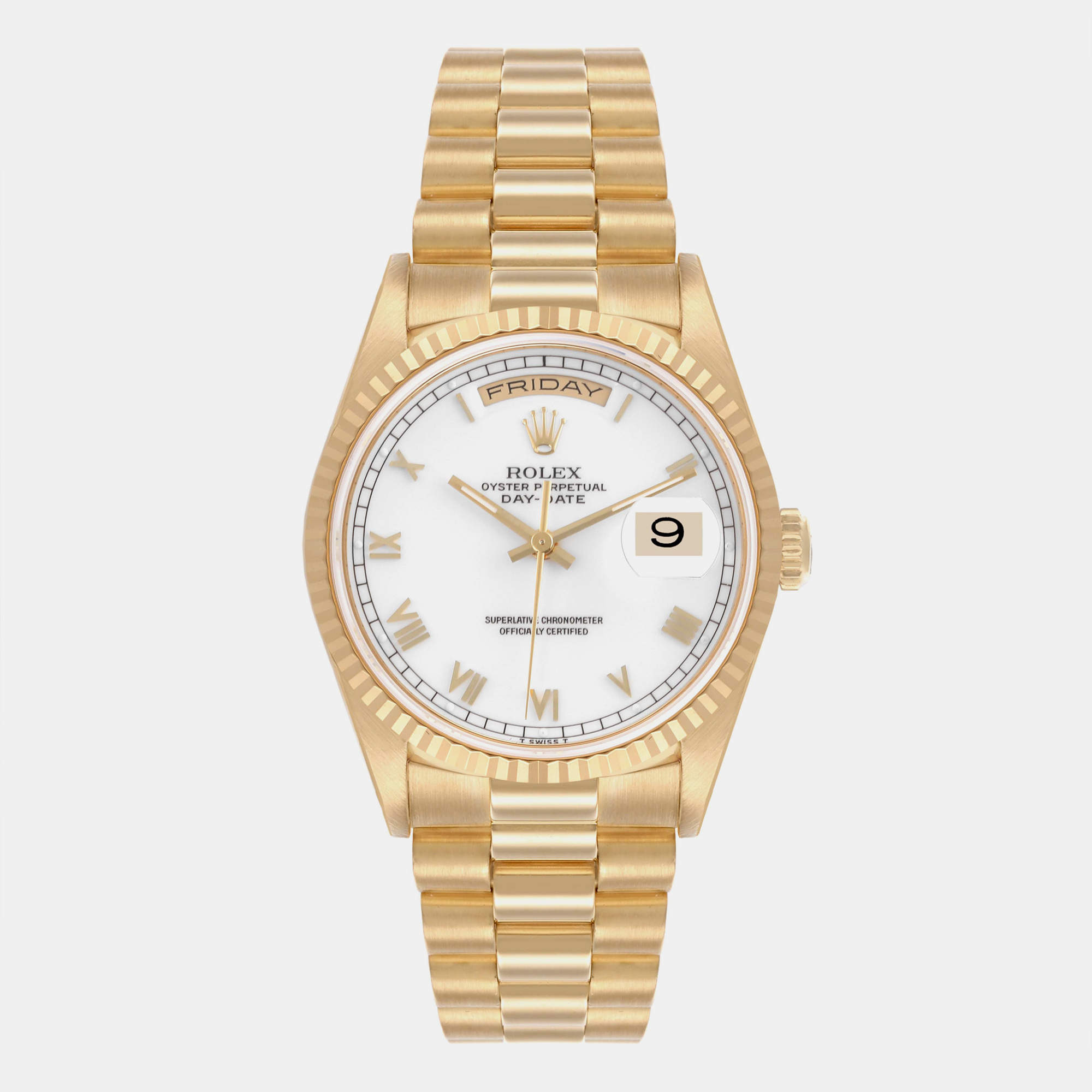 Rolex President Day Date White Roman Dial Yellow Gold Men's Watch 18238 36 mm